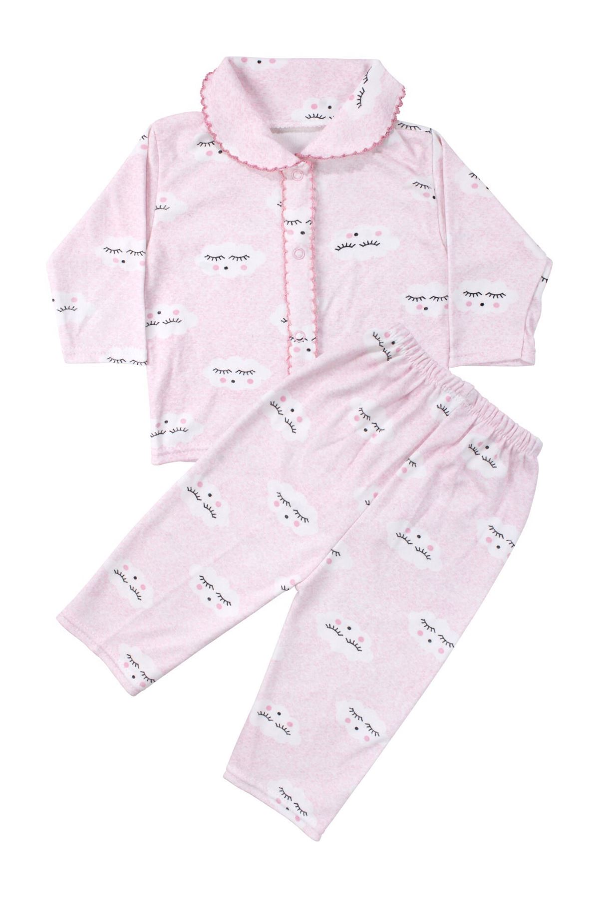 Kız Bebek Pembe Bulut Desenli Biyeli Çıtçıtlı Pijama Takımı