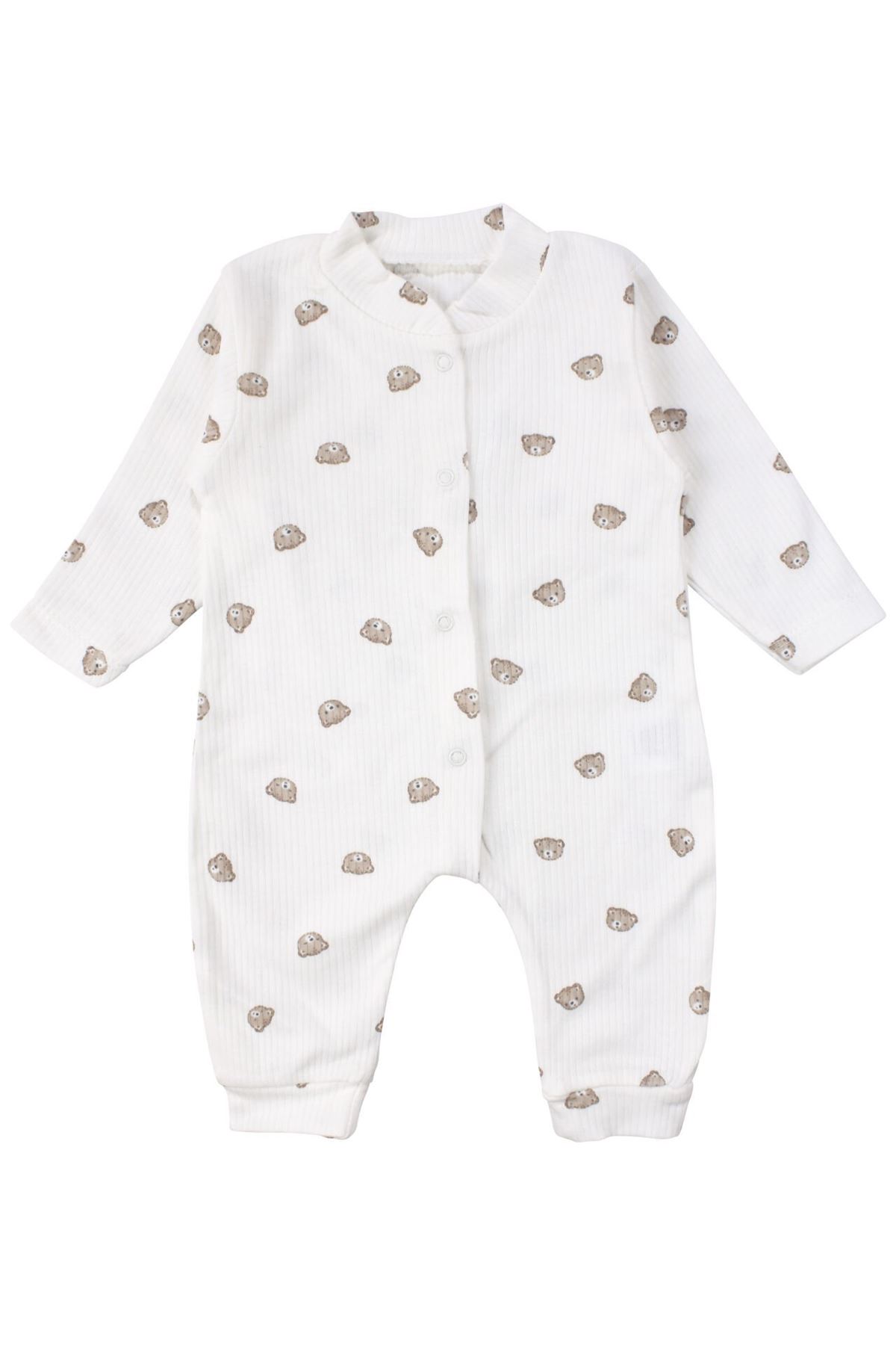 Unisex Ekru Kahve Ayılı Desenli Fitilli Manşetli Tulum