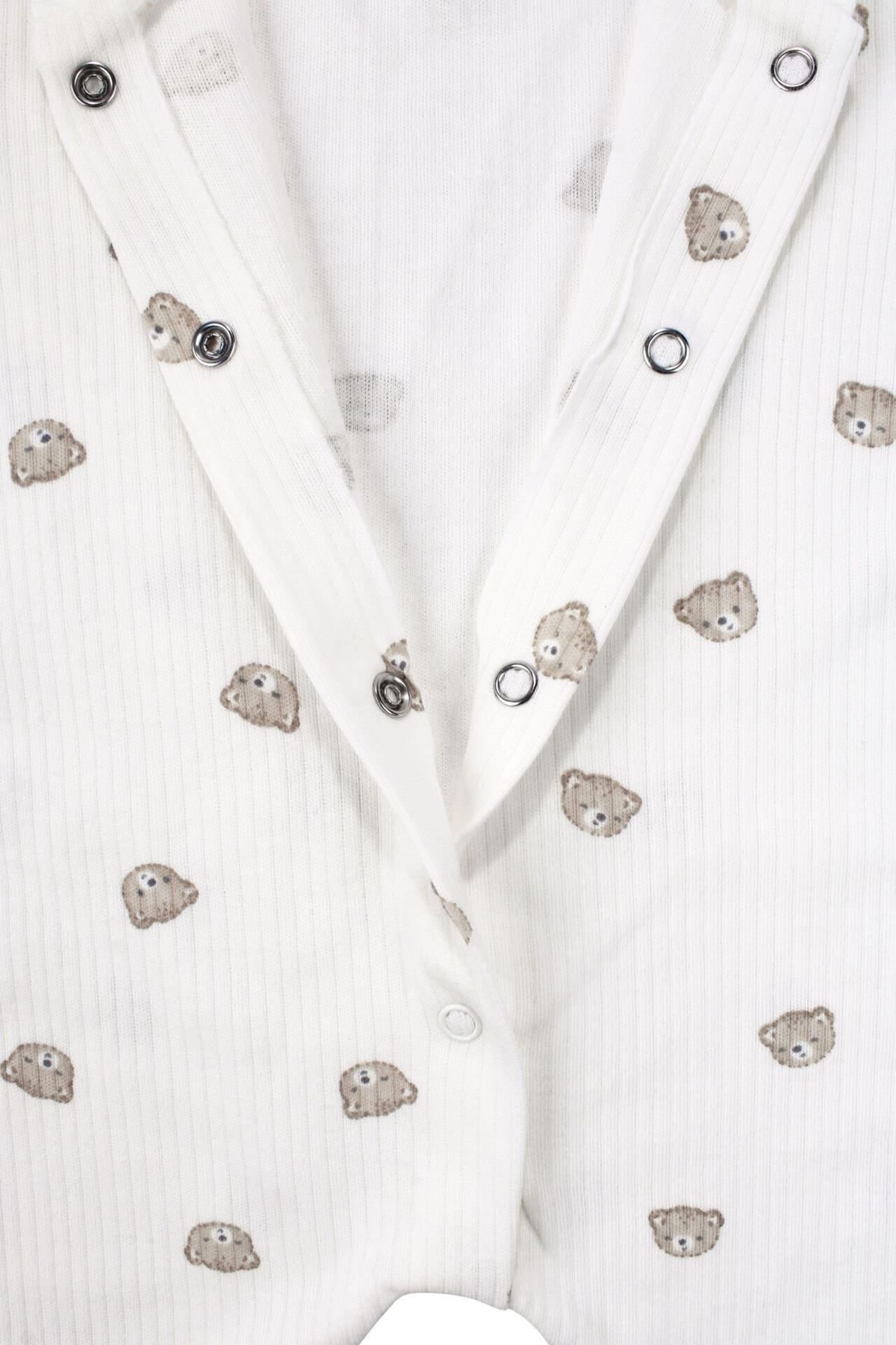 Unisex Ekru Kahve Ayılı Desenli Fitilli Manşetli Tulum