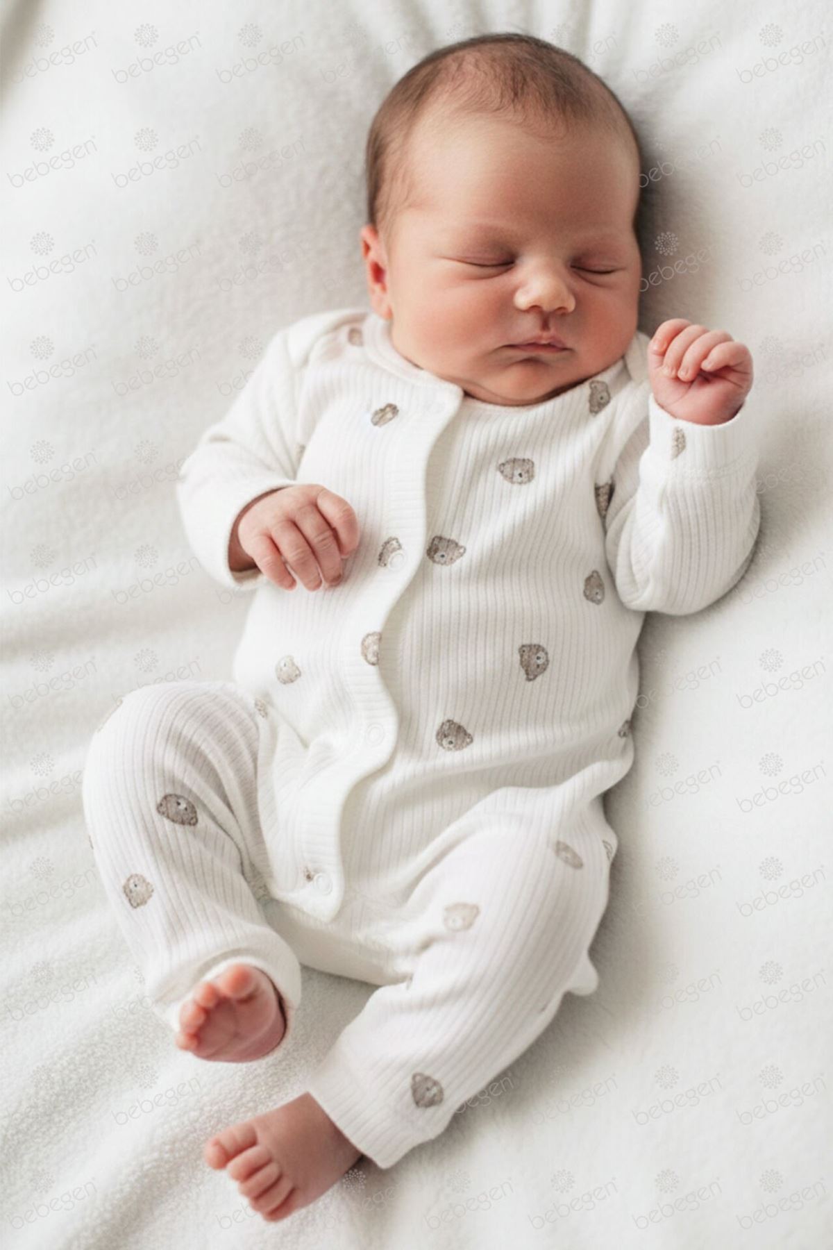 Unisex Ekru Kahve Ayılı Desenli Fitilli Manşetli Tulum