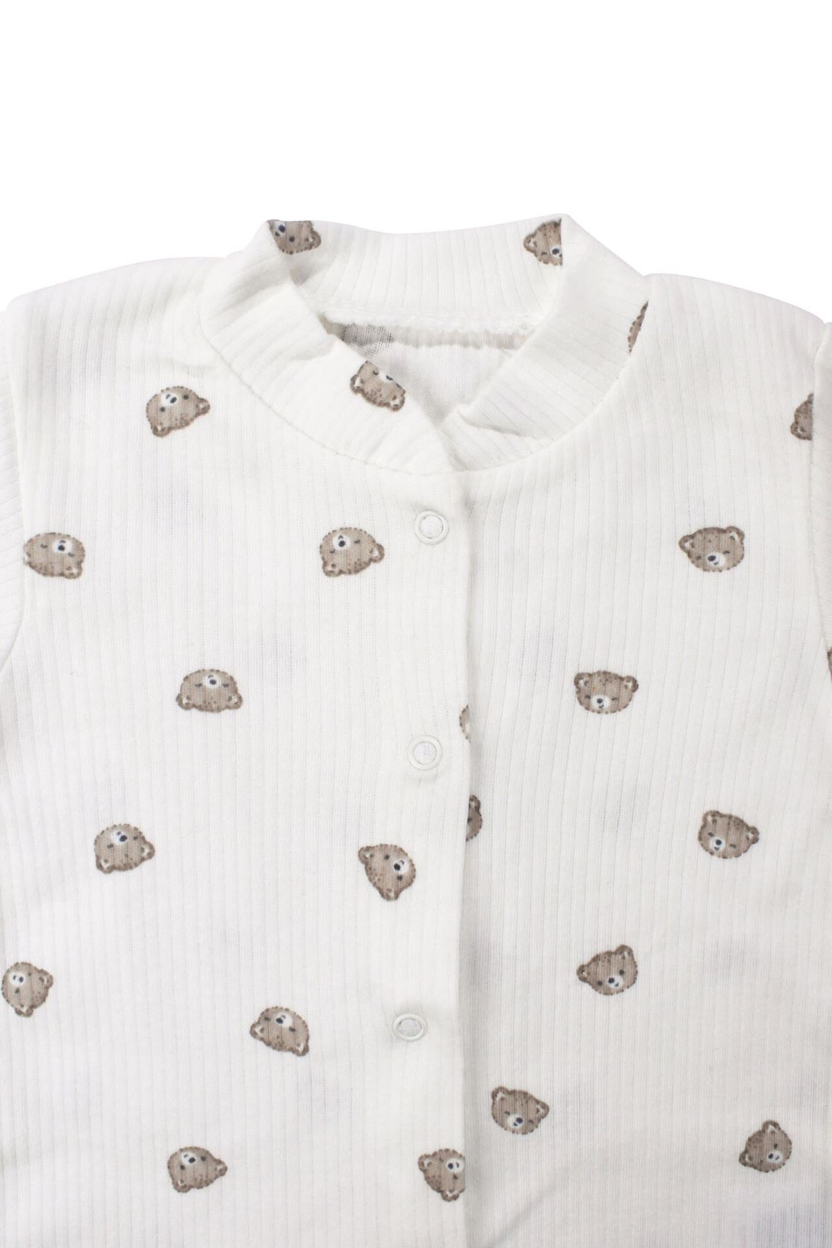 Unisex Ekru Kahve Ayılı Desenli Fitilli Manşetli Tulum