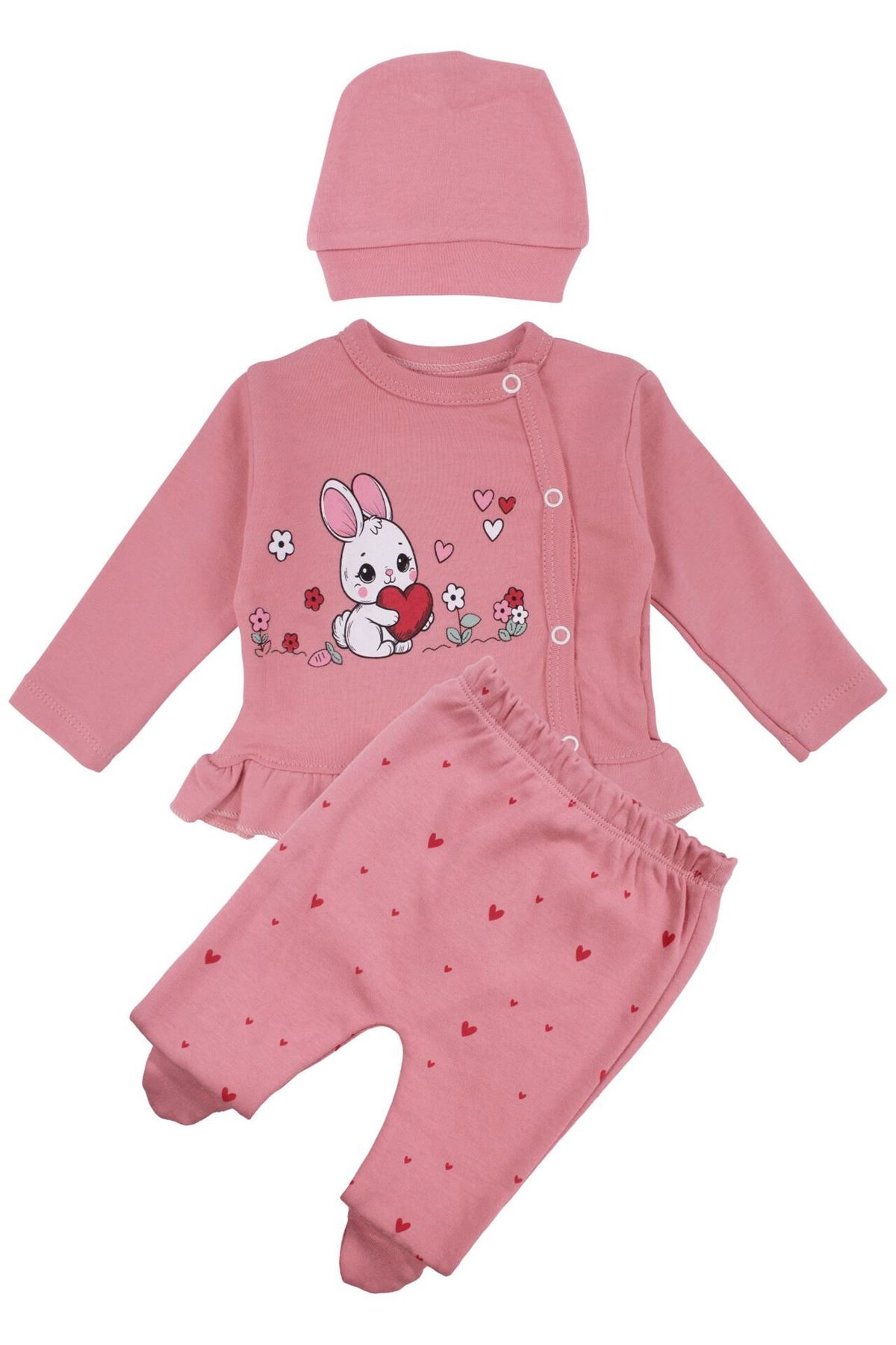 Kız Bebek Pembe Tavşan Baskılı Fırfırlı Patikli Pijama Takımı 0-3 Ay