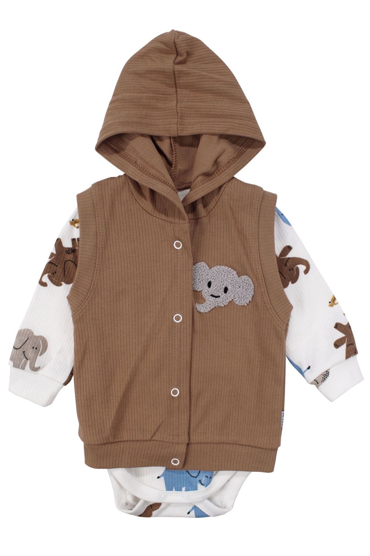 Erkek Bebek Kahve Ekru Fil Nakışlı Yelekli 3'lü Takım