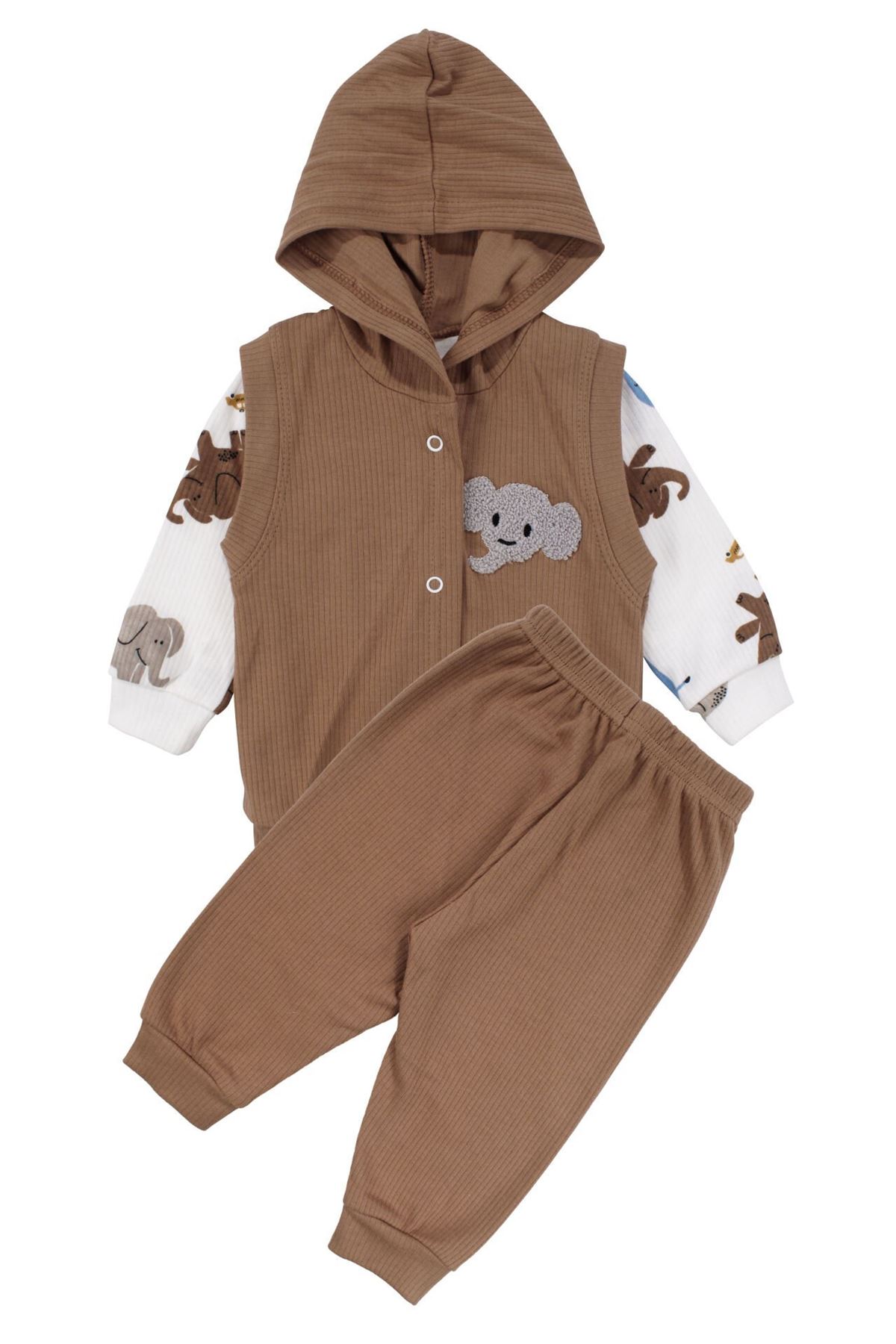 Erkek Bebek Kahve Ekru Fil Nakışlı Yelekli 3'lü Takım