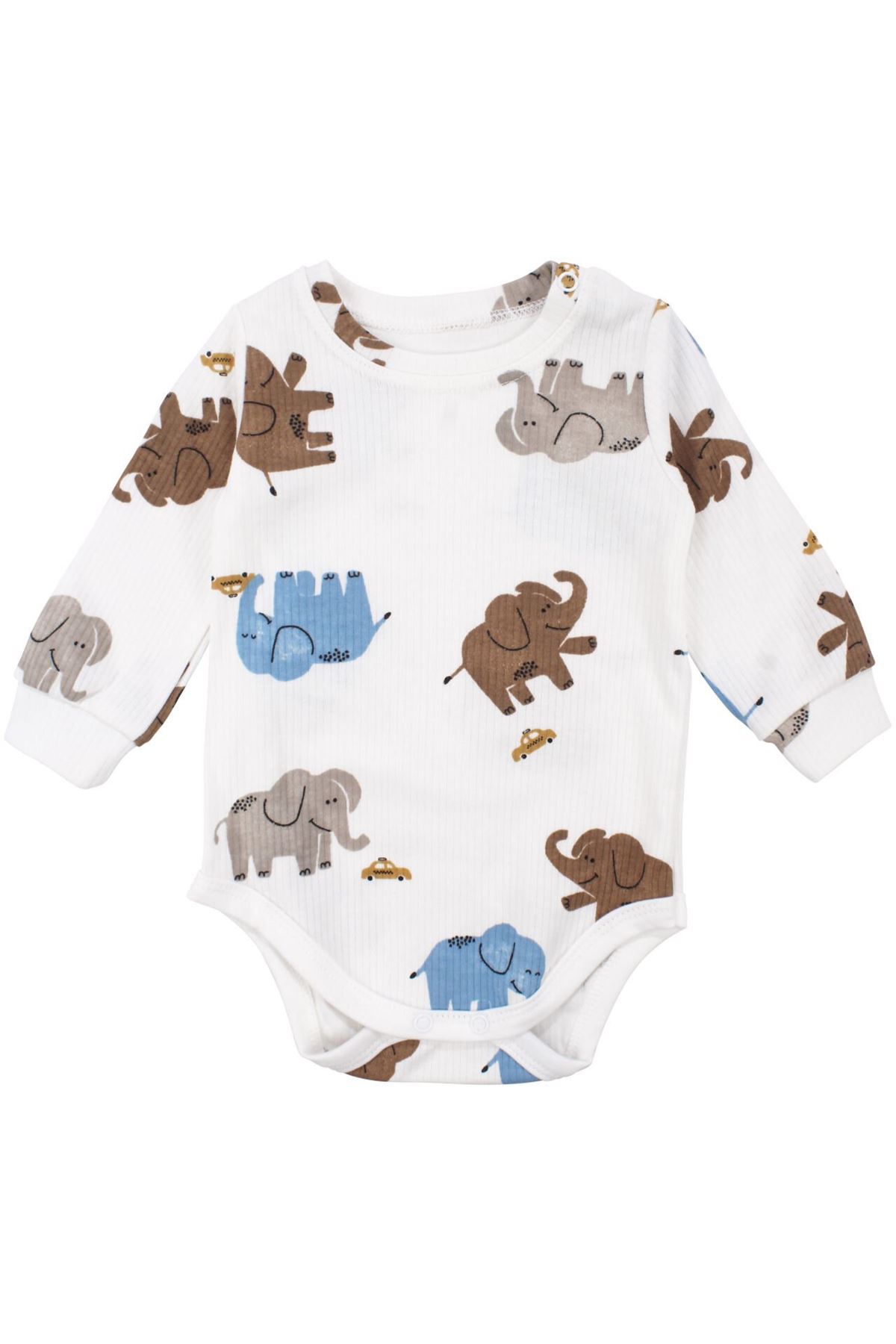 Erkek Bebek Kahve Ekru Fil Nakışlı Yelekli 3'lü Takım