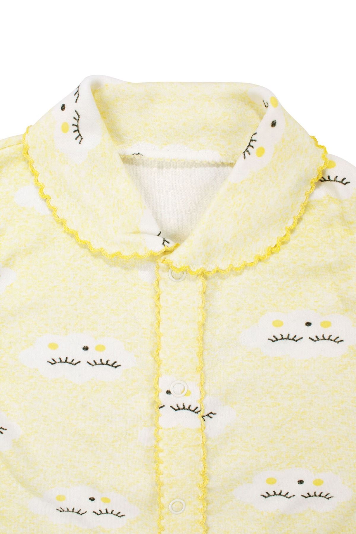Unisex Sarı Bulut Desenli Biyeli Çıtçıtlı Pijama Takımı 0-3 Ay