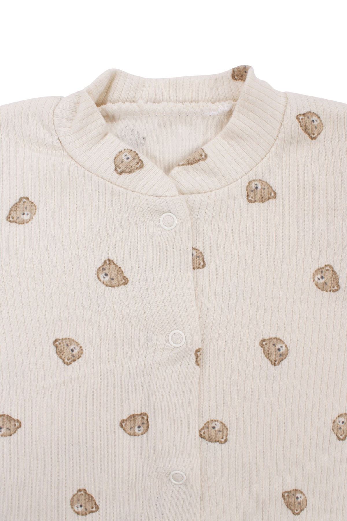 Unisex Ekru Bej Ayılı Desenli Fitilli Manşetli Tulum