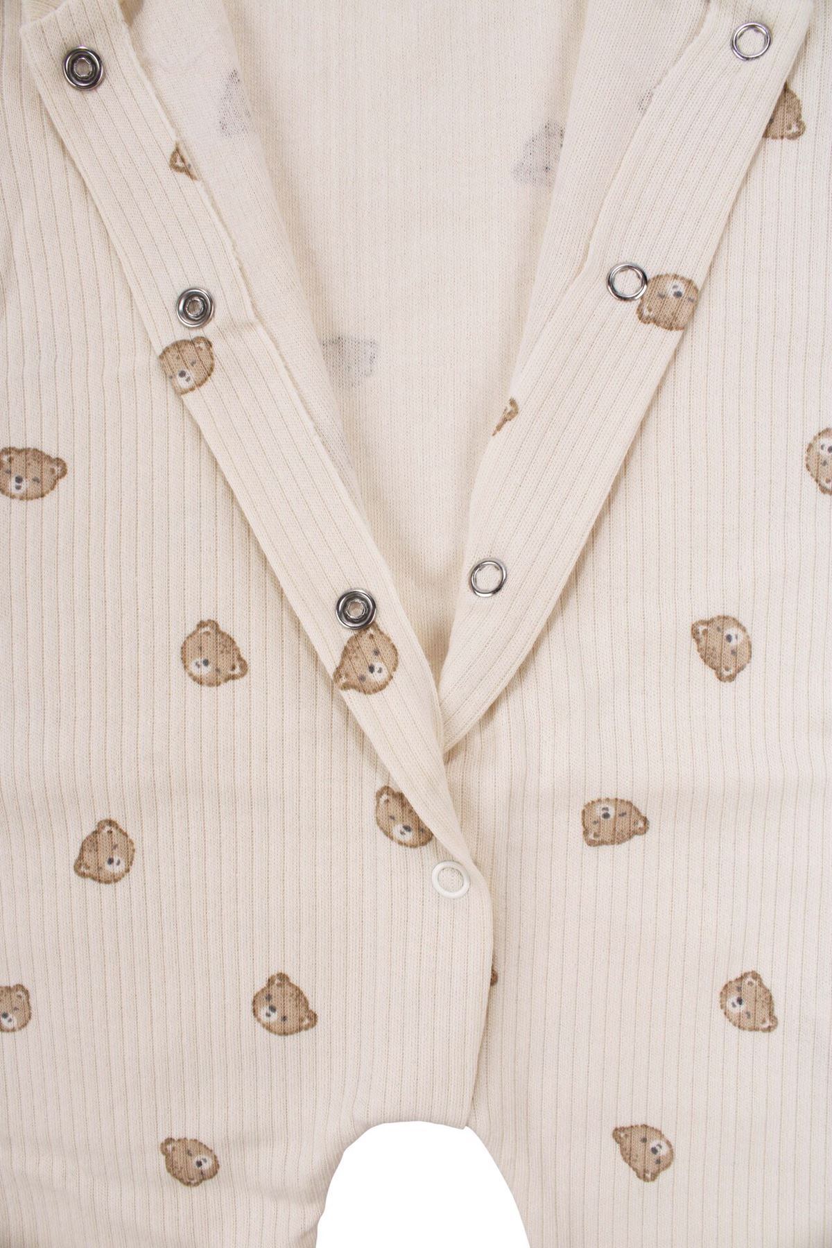 Unisex Ekru Bej Ayılı Desenli Fitilli Manşetli Tulum