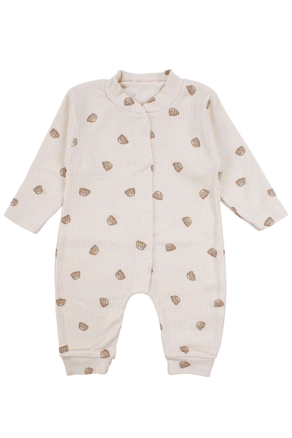 Unisex Ekru Bej Ayılı Desenli Fitilli Manşetli Tulum