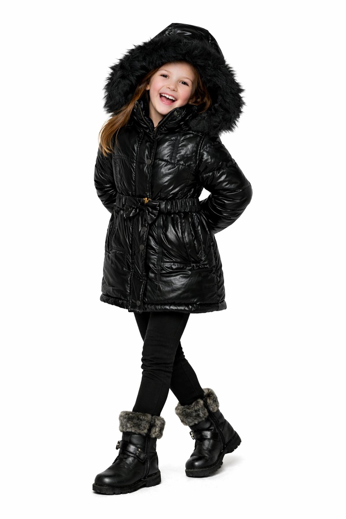 Kız Çocuk siyah Parlak Tüylü Şapkalı Kemerli Mont
