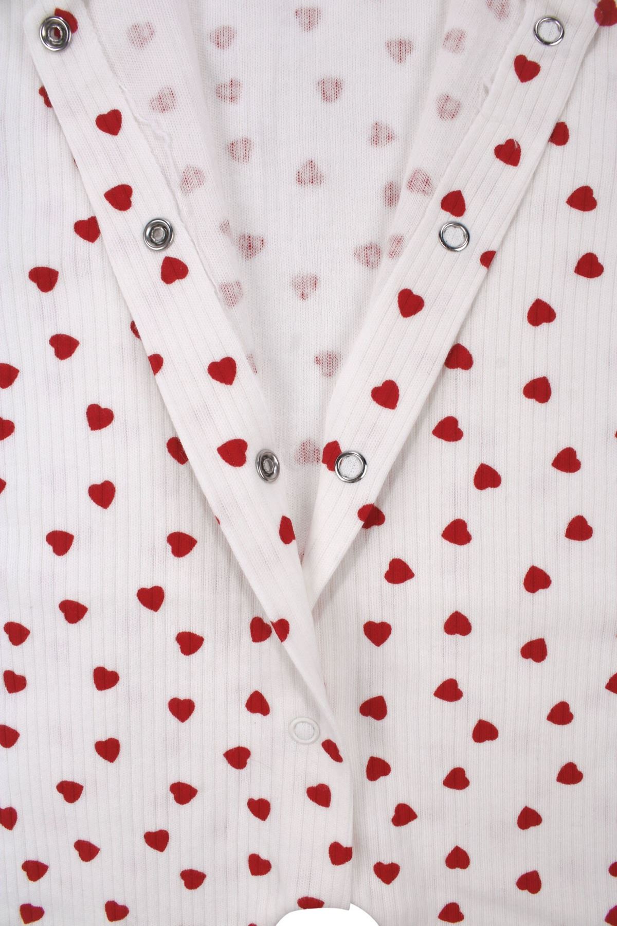 Kız Bebek Ekru Kırmızı Kalp Desneli Fitilli Manşetli Tulum