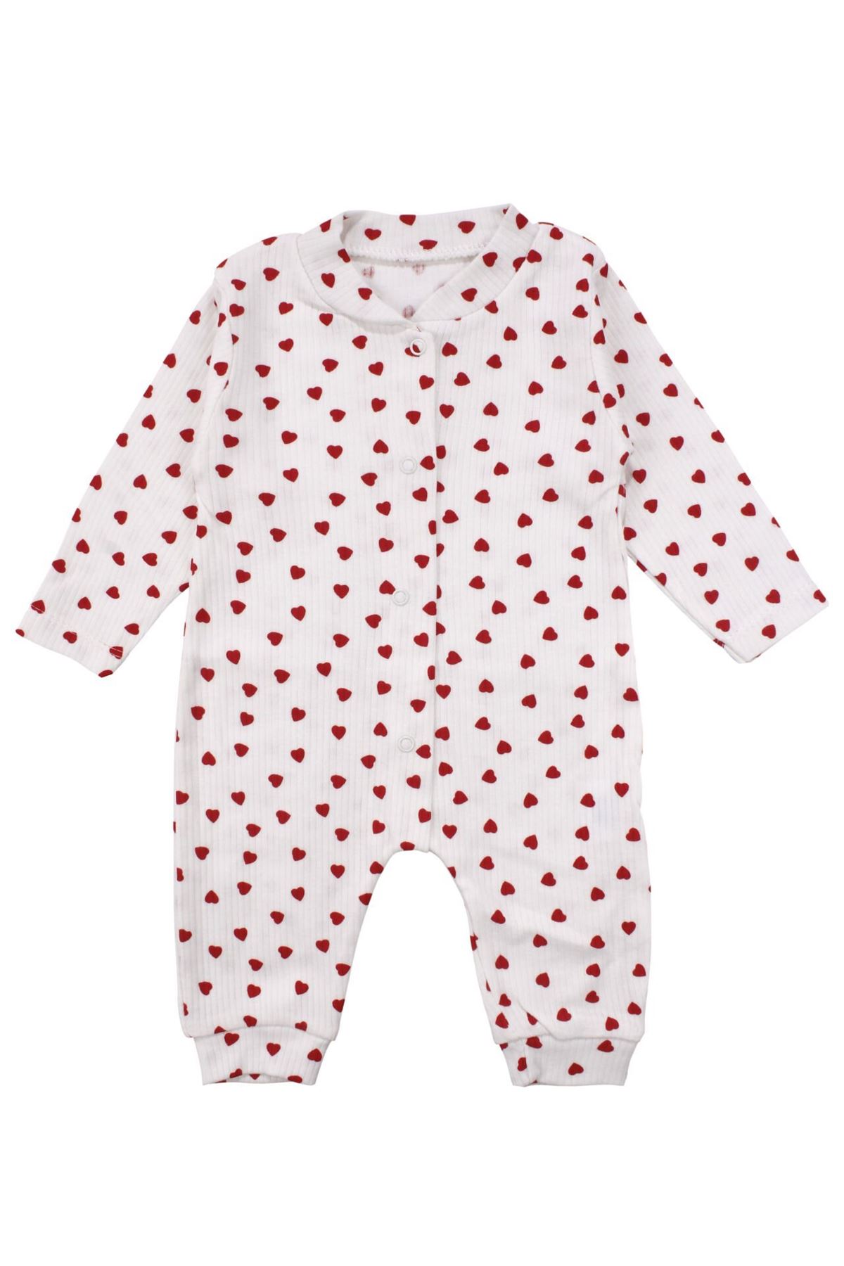 Kız Bebek Ekru Kırmızı Kalp Desneli Fitilli Manşetli Tulum