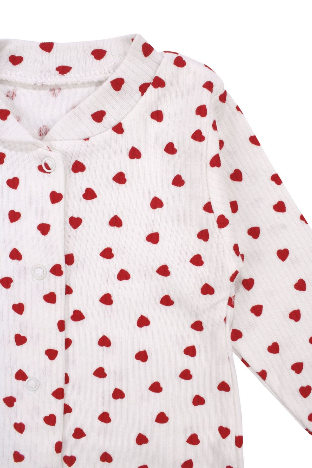 Kız Bebek Ekru Kırmızı Kalp Desneli Fitilli Manşetli Tulum