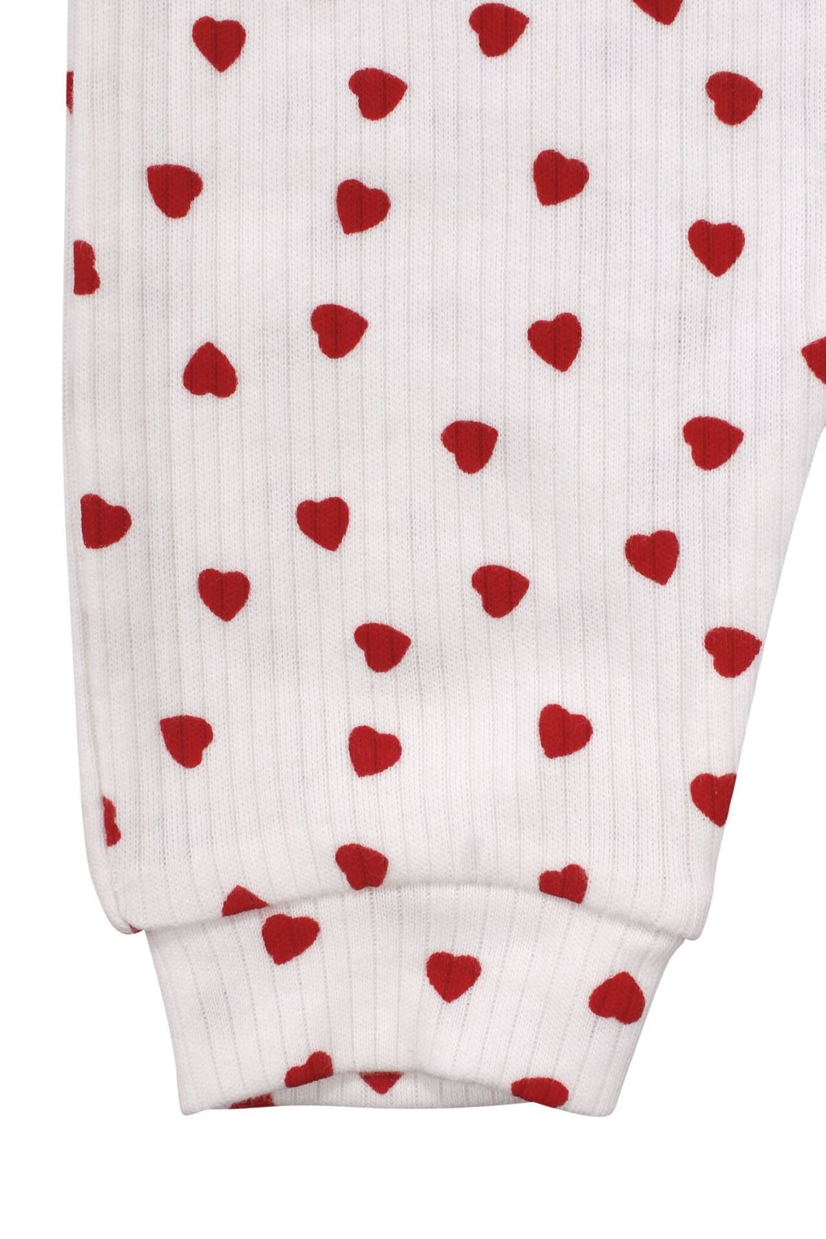 Kız Bebek Ekru Kırmızı Kalp Desneli Fitilli Manşetli Tulum