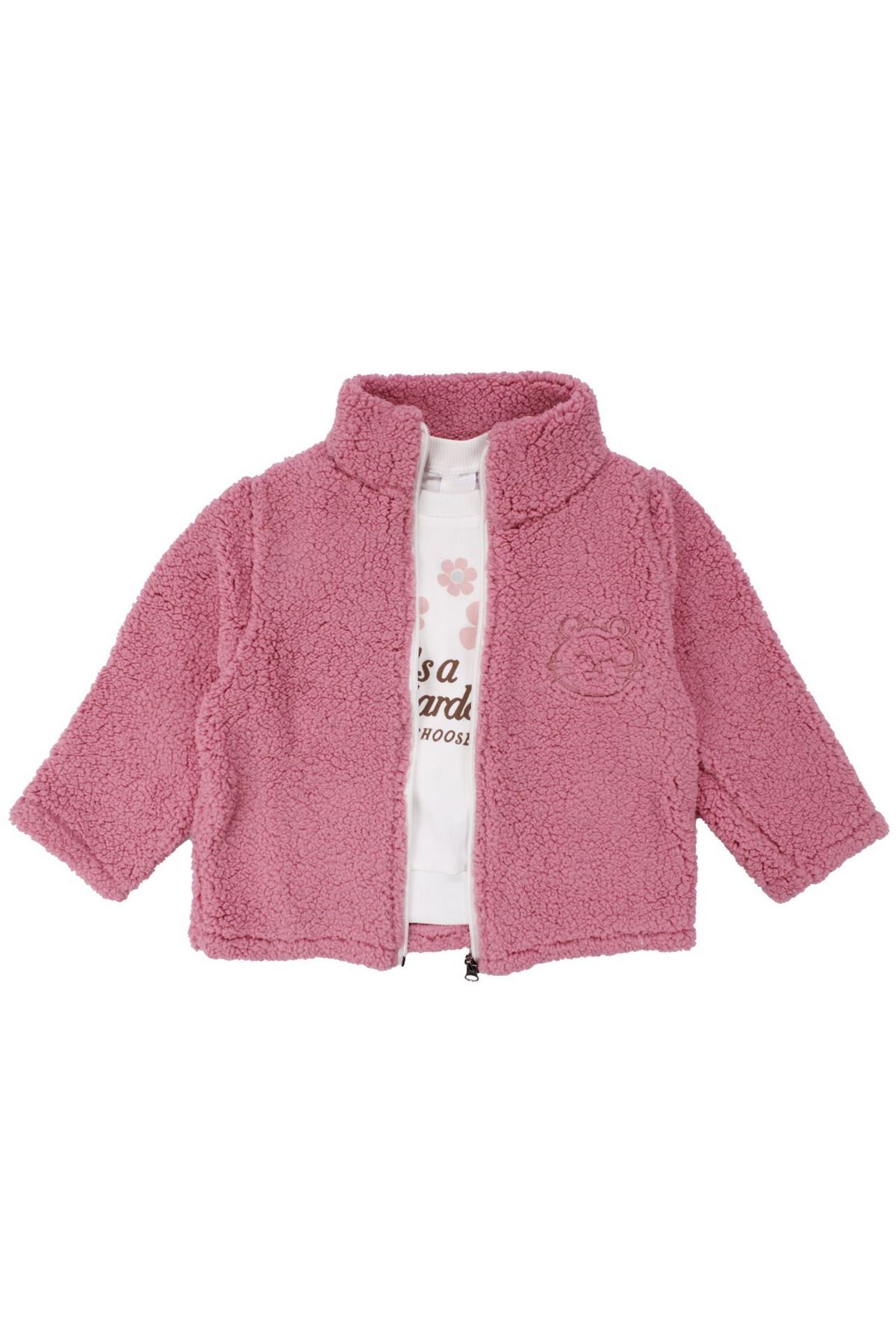 Kız Çocuk Pembe Welsoft Hırkalı Ekru Badili Üçlü Lüks Takım