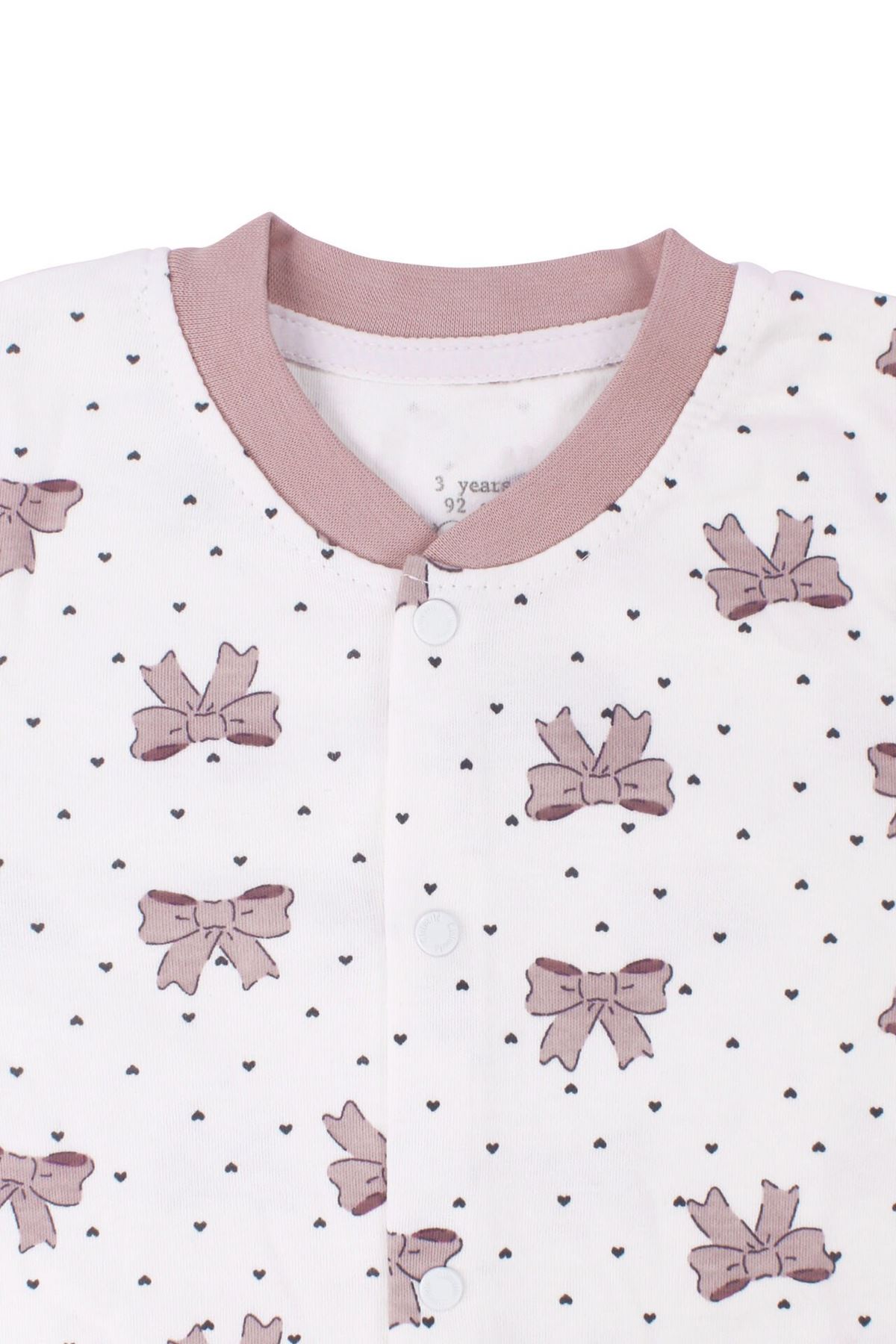 Kız Çocuk Ekru Gül Kurusu Fiyonk Baskılı Çıtçıtlı Pijama