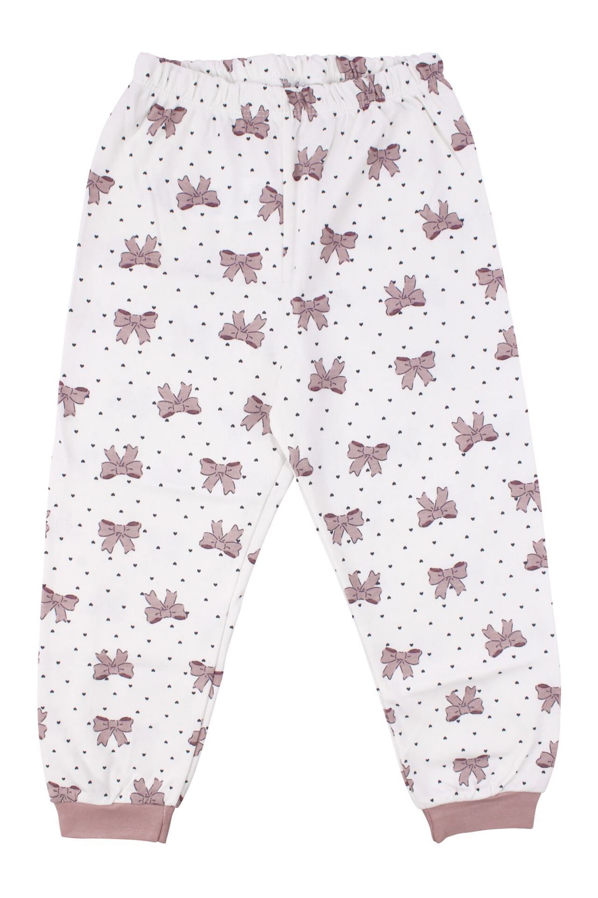 Kız Çocuk Ekru Gül Kurusu Fiyonk Baskılı Çıtçıtlı Pijama