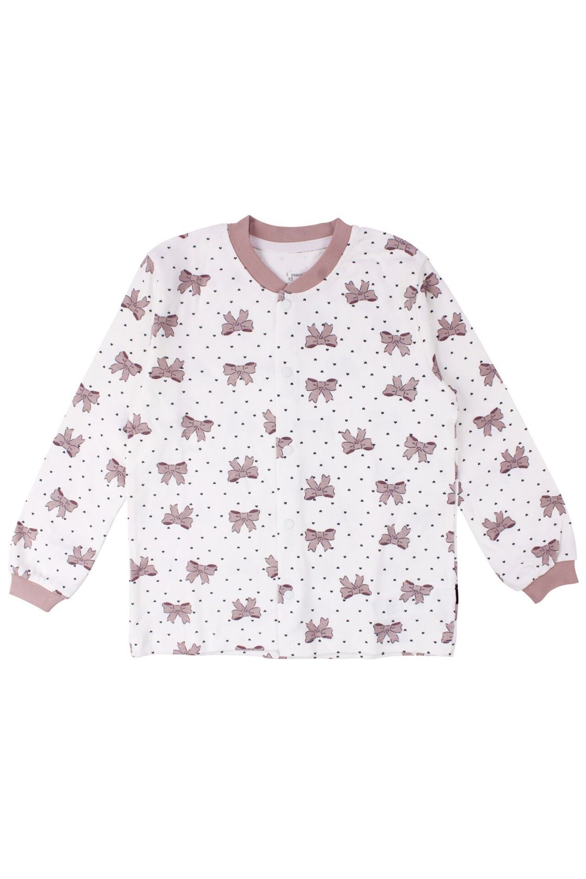 Kız Çocuk Ekru Gül Kurusu Fiyonk Baskılı Çıtçıtlı Pijama