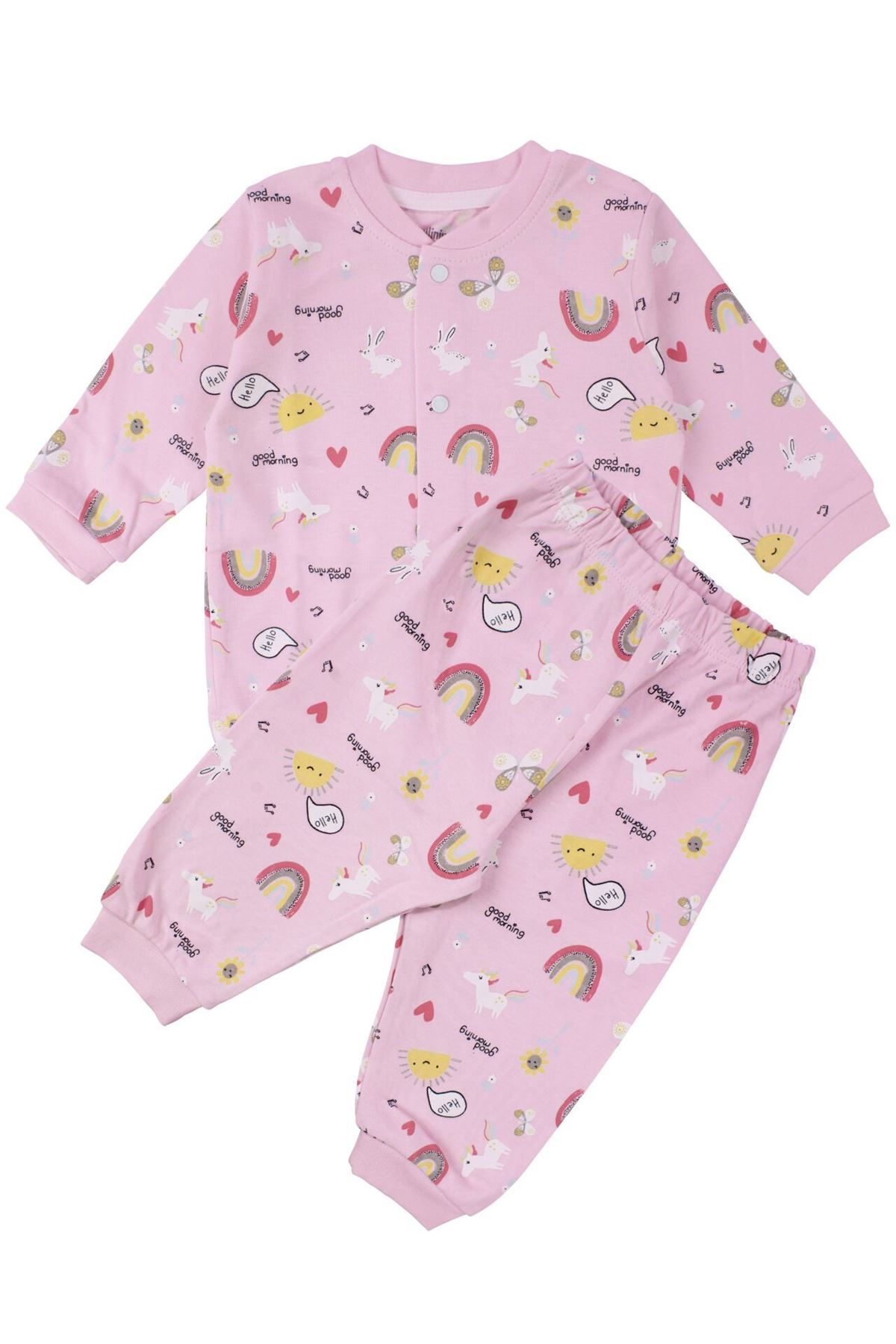 Kız Bebek Pembe Renkli Güneş Gökkuşağı Desenli Çıtçıtlı Pijama Takımı