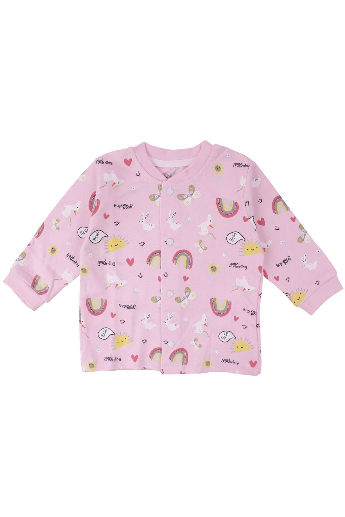 Kız Bebek Pembe Renkli Güneş Gökkuşağı Desenli Çıtçıtlı Pijama Takımı