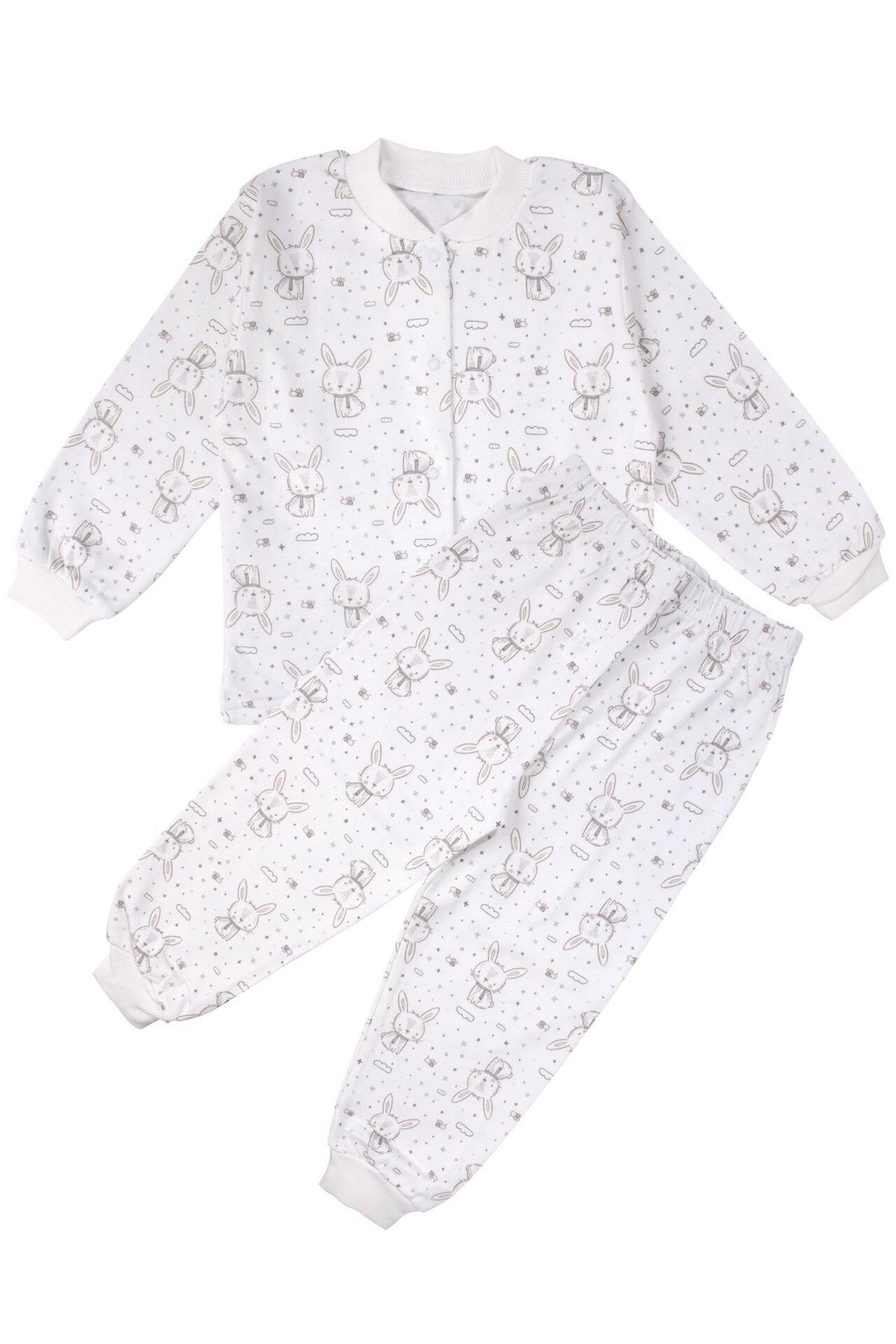 Kız Çocuk Ekru Tavşan Desenli Çıtçıtlı Pijama Takımı