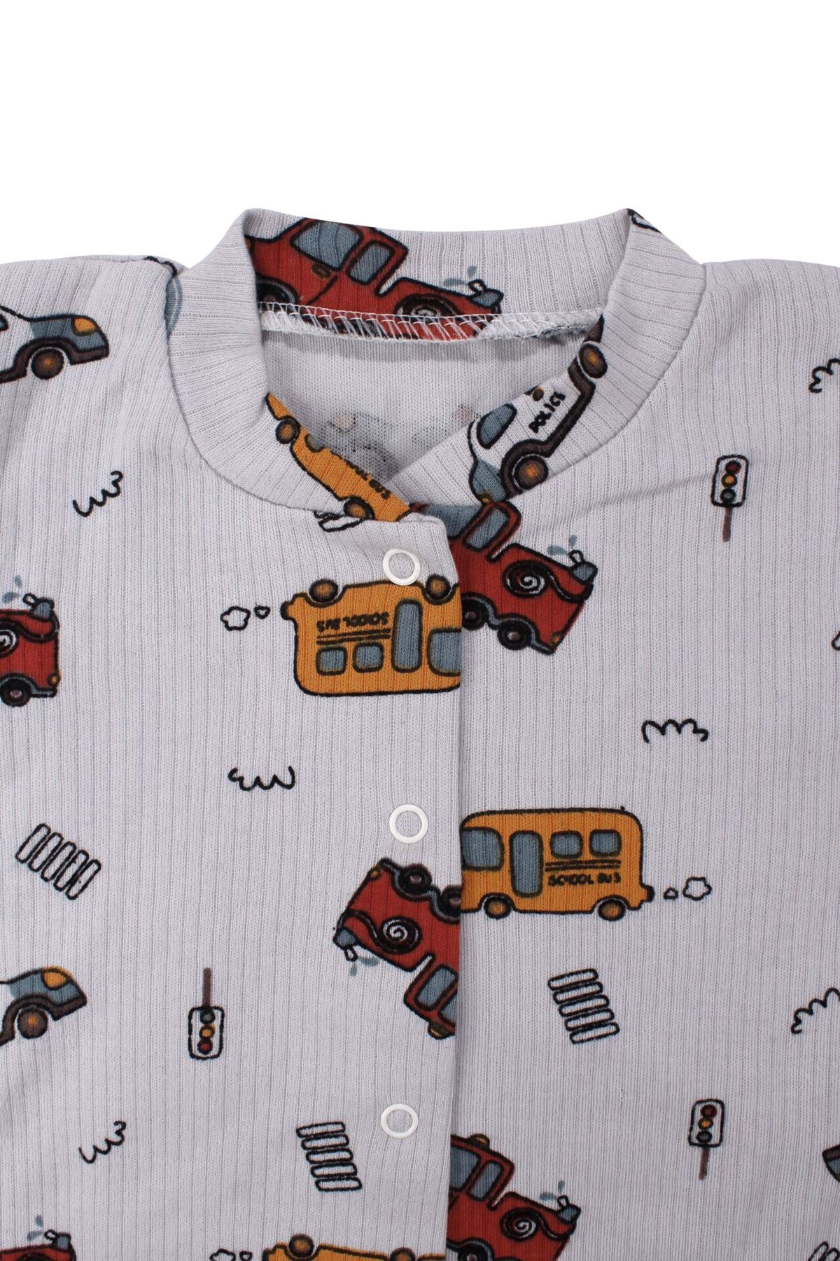 Erkek Bebek Gri Otobüs Desenli Manşetli Çıtçıtlı Tulum