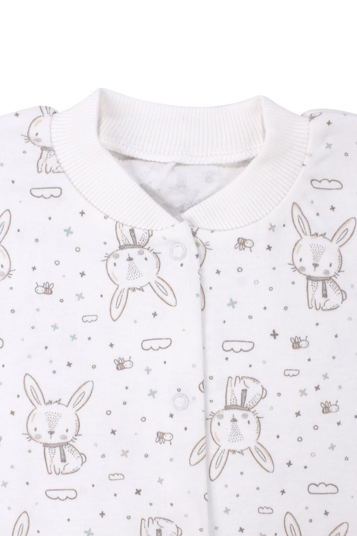 Kız Çocuk Ekru Tavşan Desenli Çıtçıtlı Pijama Takımı