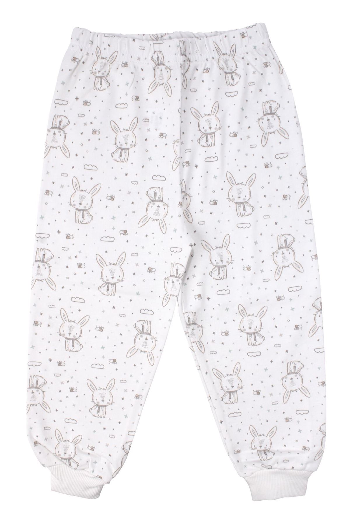 Kız Çocuk Ekru Tavşan Desenli Çıtçıtlı Pijama Takımı