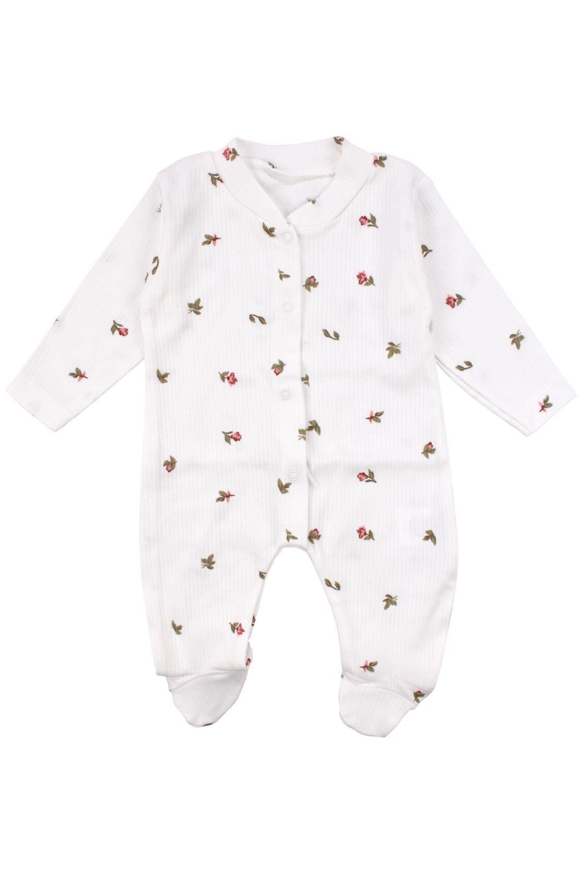 Kız Bebek Ekru Pembe Gül Desenli Fitilli Patikli Tulum