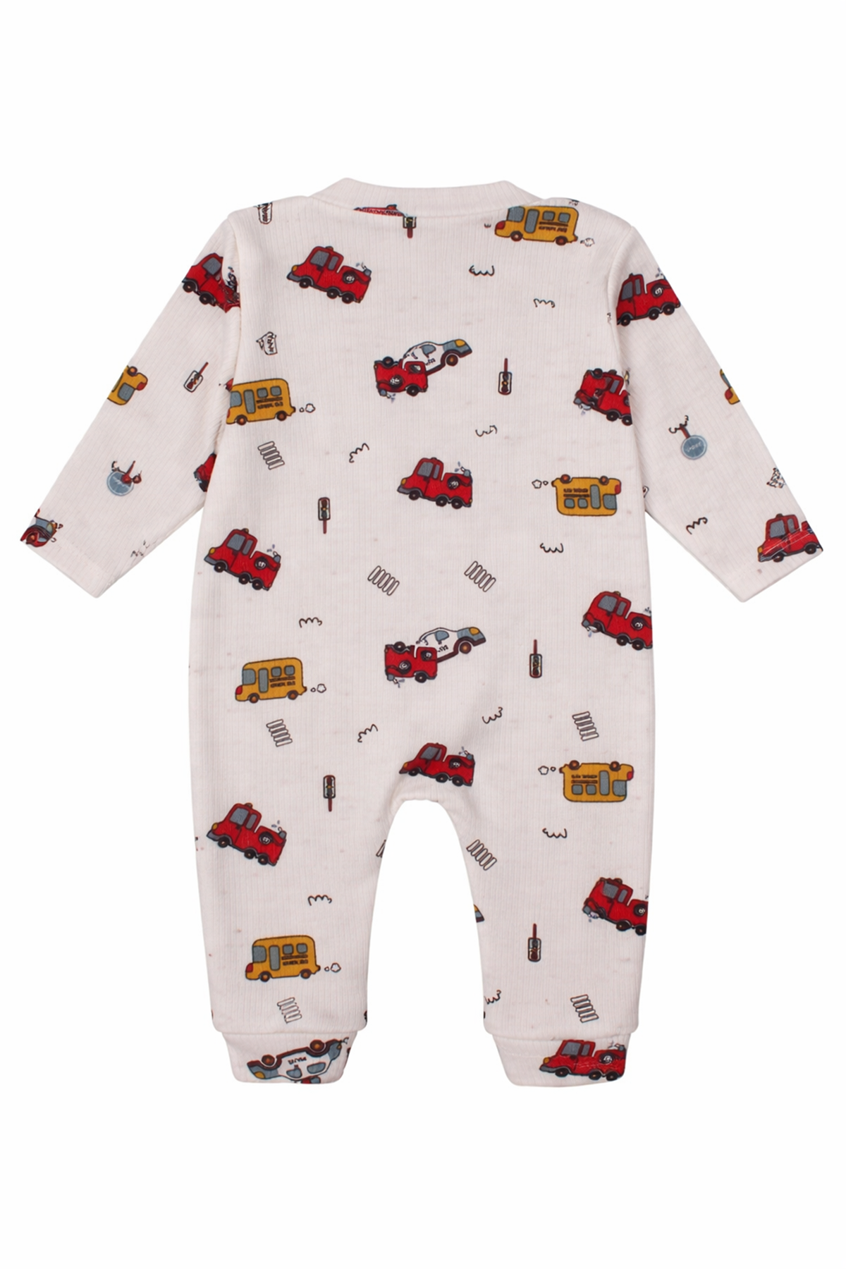 Erkek Bebek Bej Otobüs Desenli Manşetli Çıtçıtlı Tulum