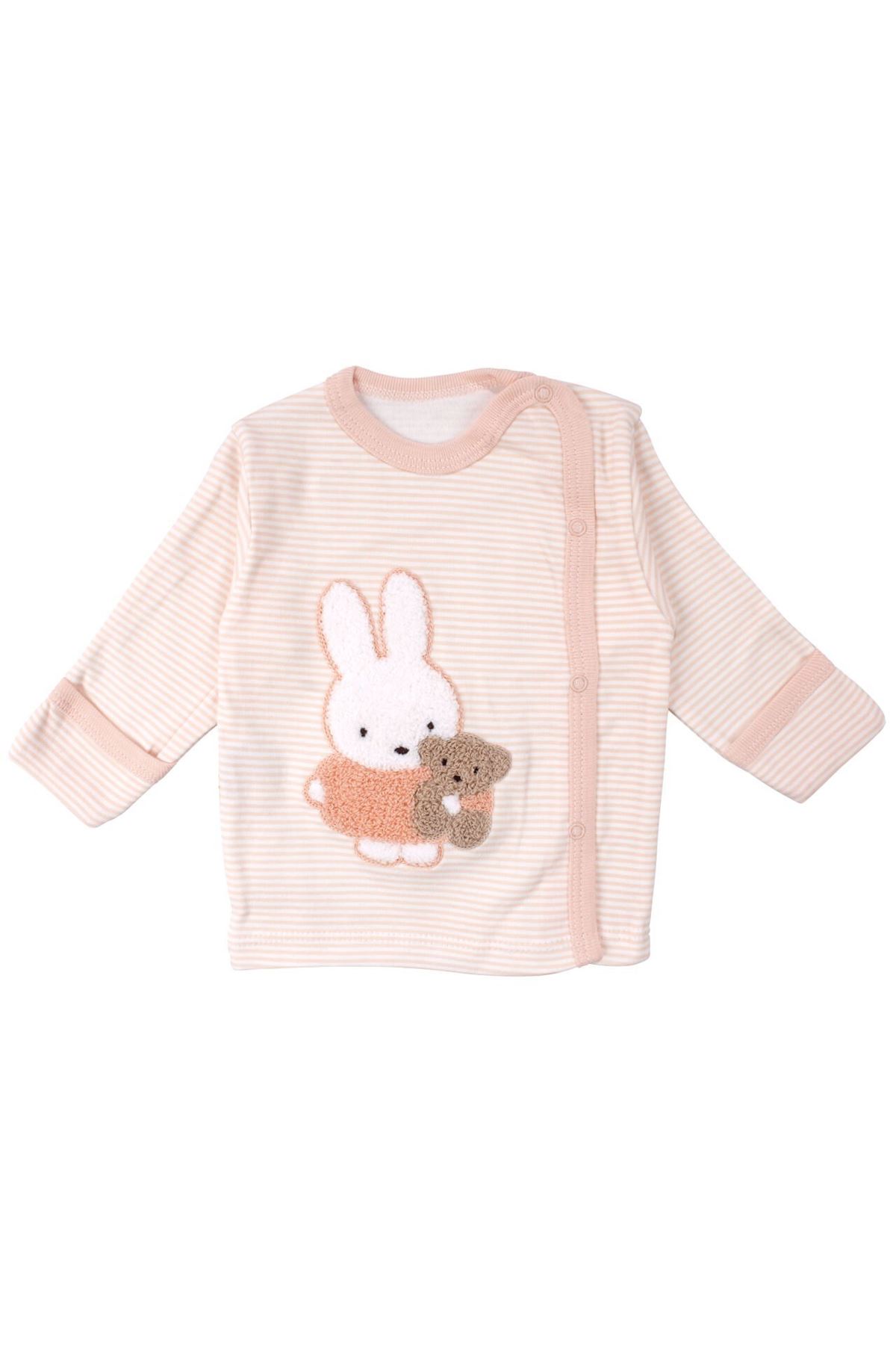 Kız Bebek Somon Çizgili Tavşan Nakışlı Pijama Takımı