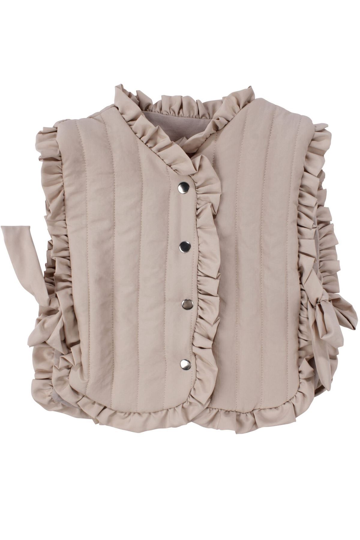 Kız Bebek Bej Kapitoneli Fırfırlı Yelekli Kapşonlu Badili Üçlü Lüks Takım