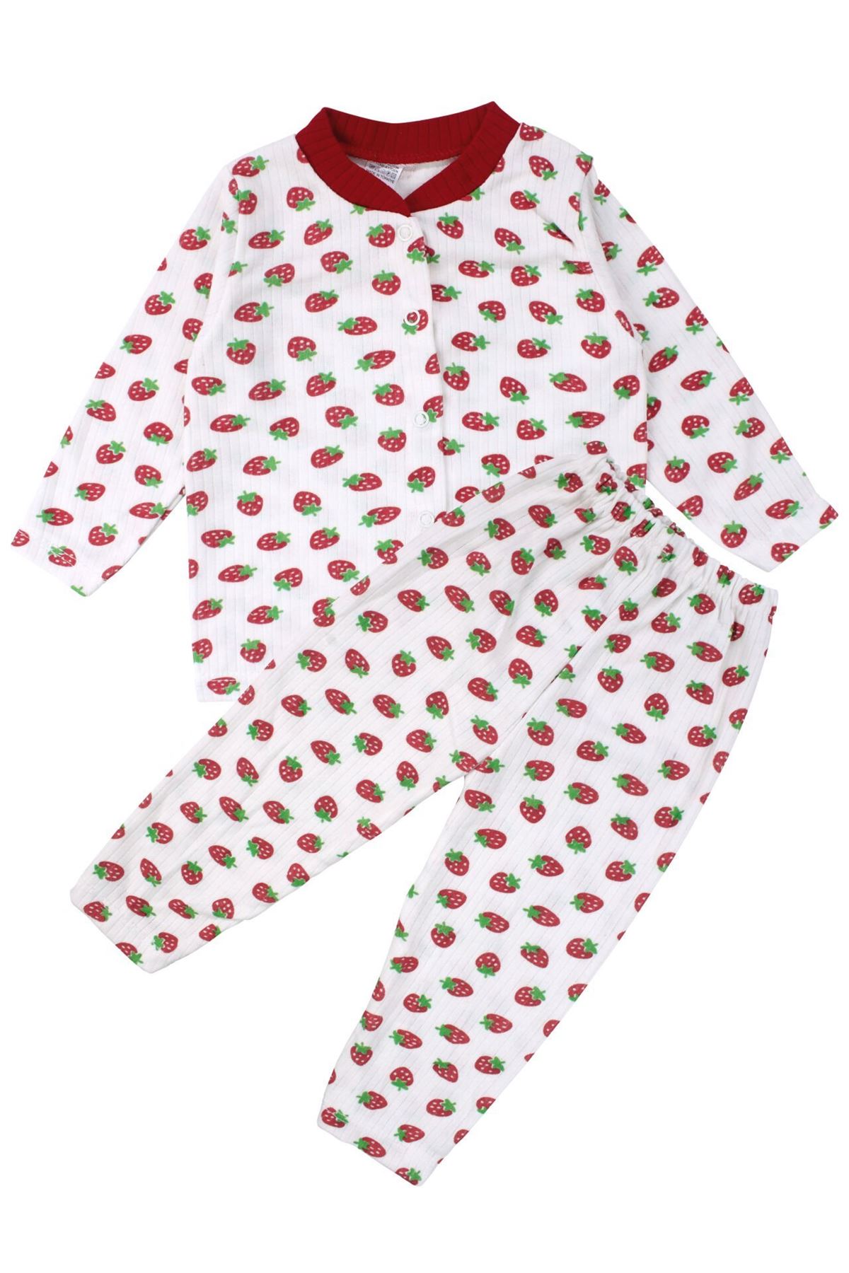 Kız Çocuk Ekru Kırmızı Çilek Baskılı Çıtçıtlı Pijama Takımı