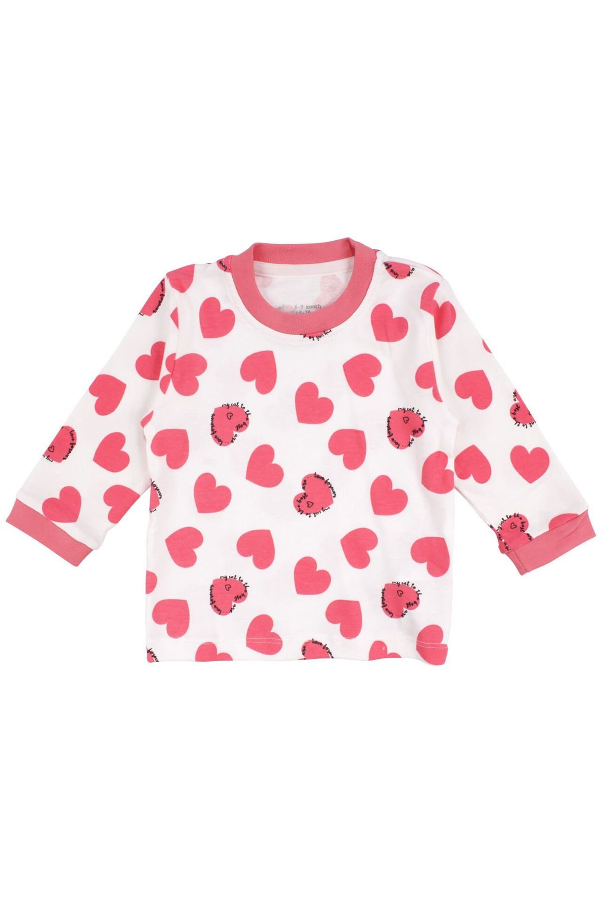 Kız Bebek Ekru Fuşya Kalp Desenli Pijama Takımı