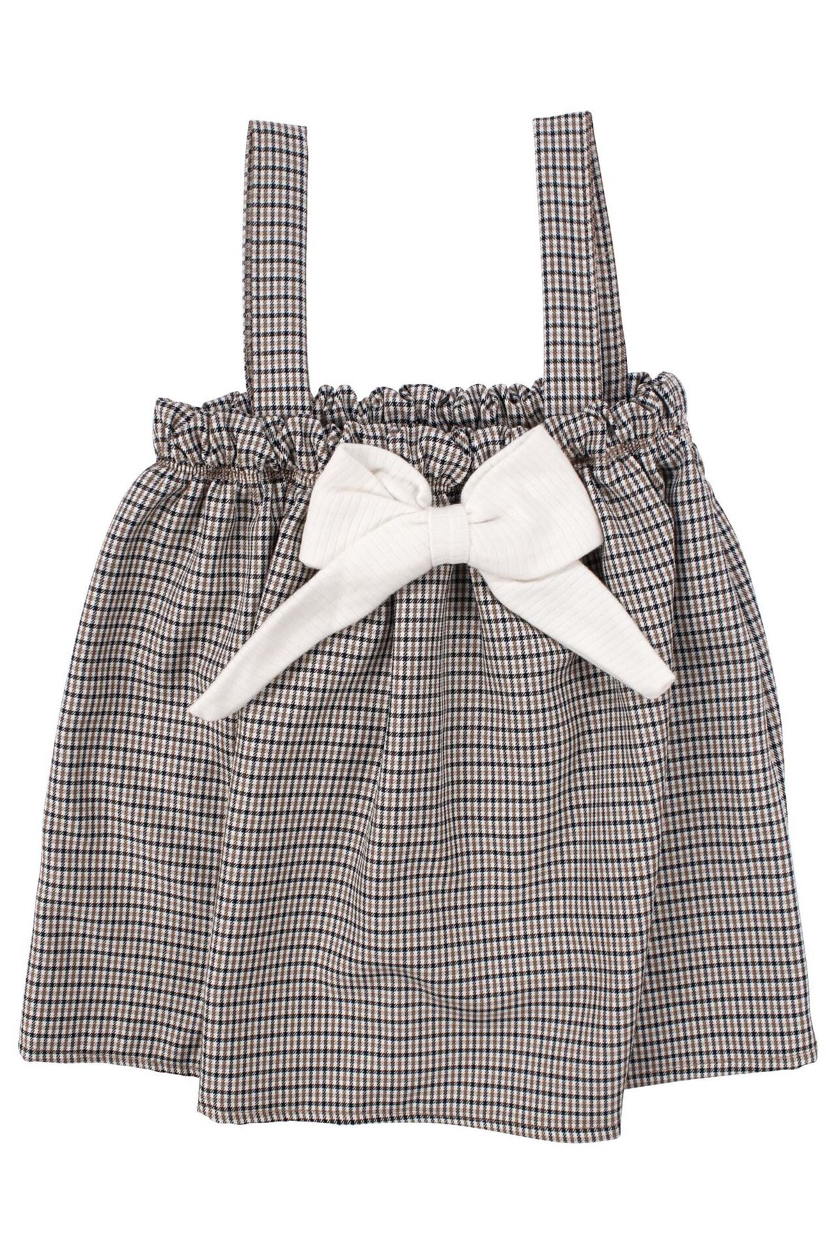 Kız Bebek Ekru Kahve Ekoseli Fiyonklu Salopet Elbise Takım