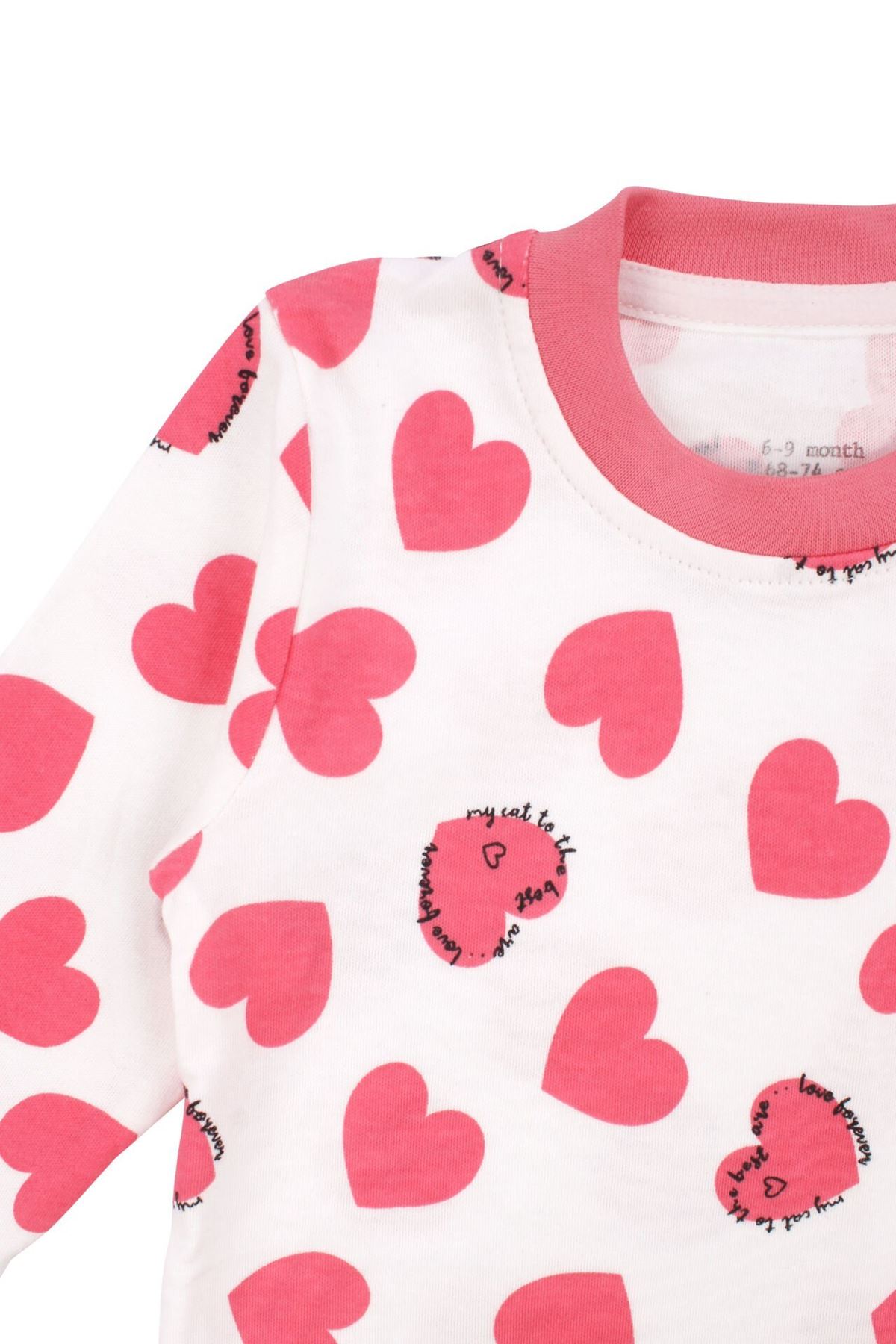 Kız Bebek Ekru Fuşya Kalp Desenli Pijama Takımı