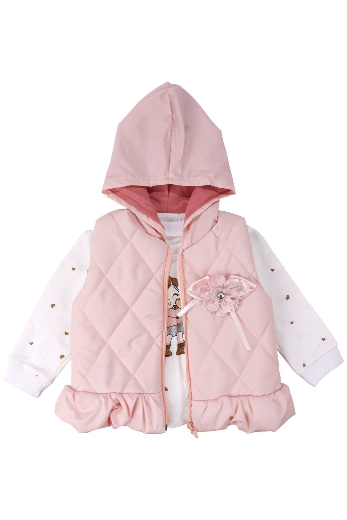 Kız Bebek Broşlu Pudra Şişme Yelekli Kalpli Badili Üçlü Lüks Takım