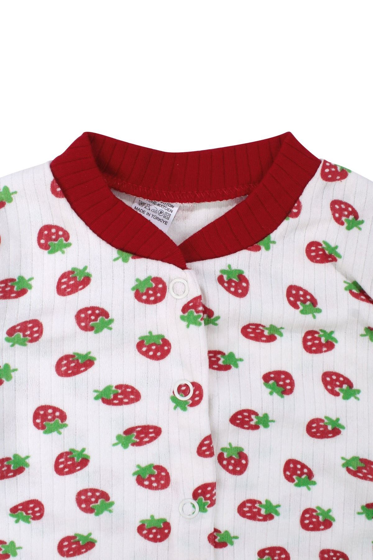 Kız Çocuk Ekru Kırmızı Çilek Baskılı Çıtçıtlı Pijama Takımı