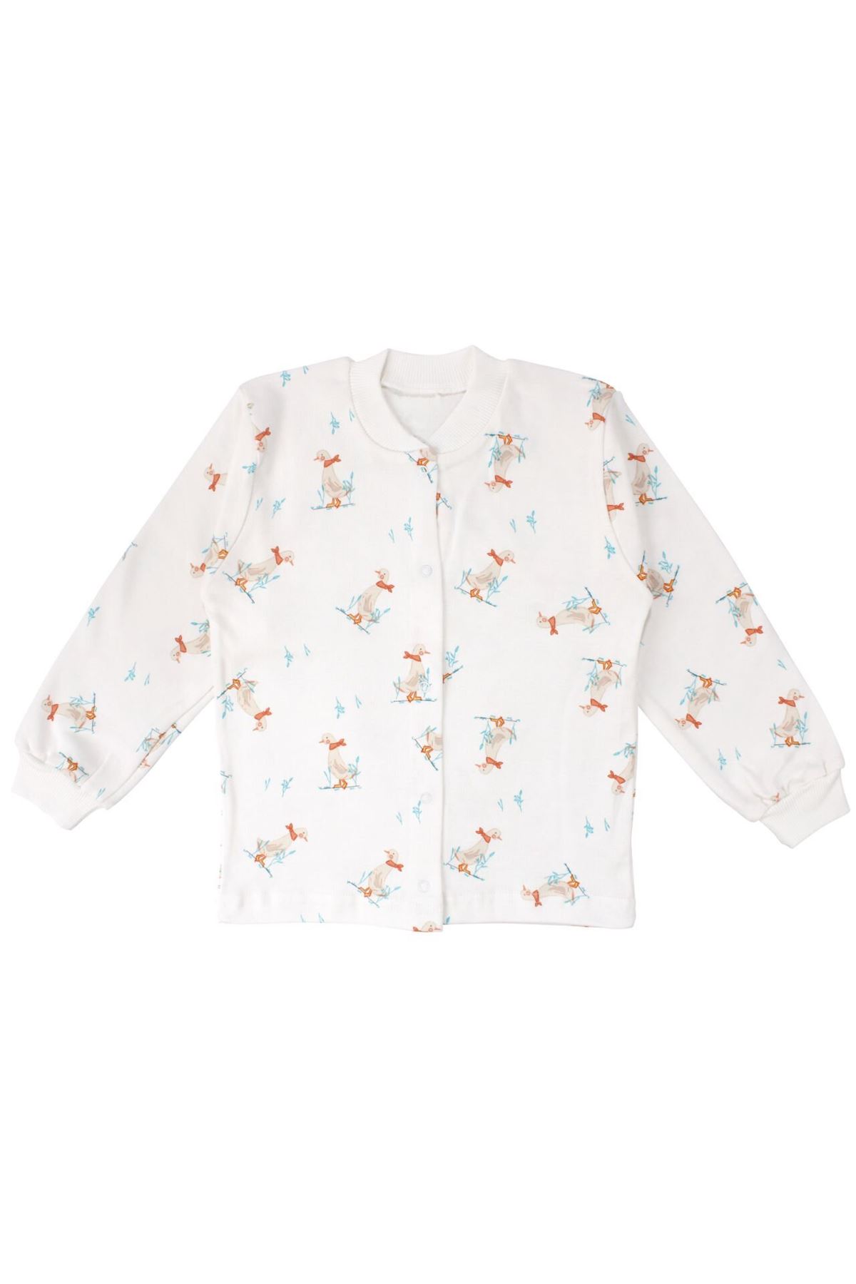 Unisex Ekru Ördek Desenli Çıtçıtlı Pijama Takımı