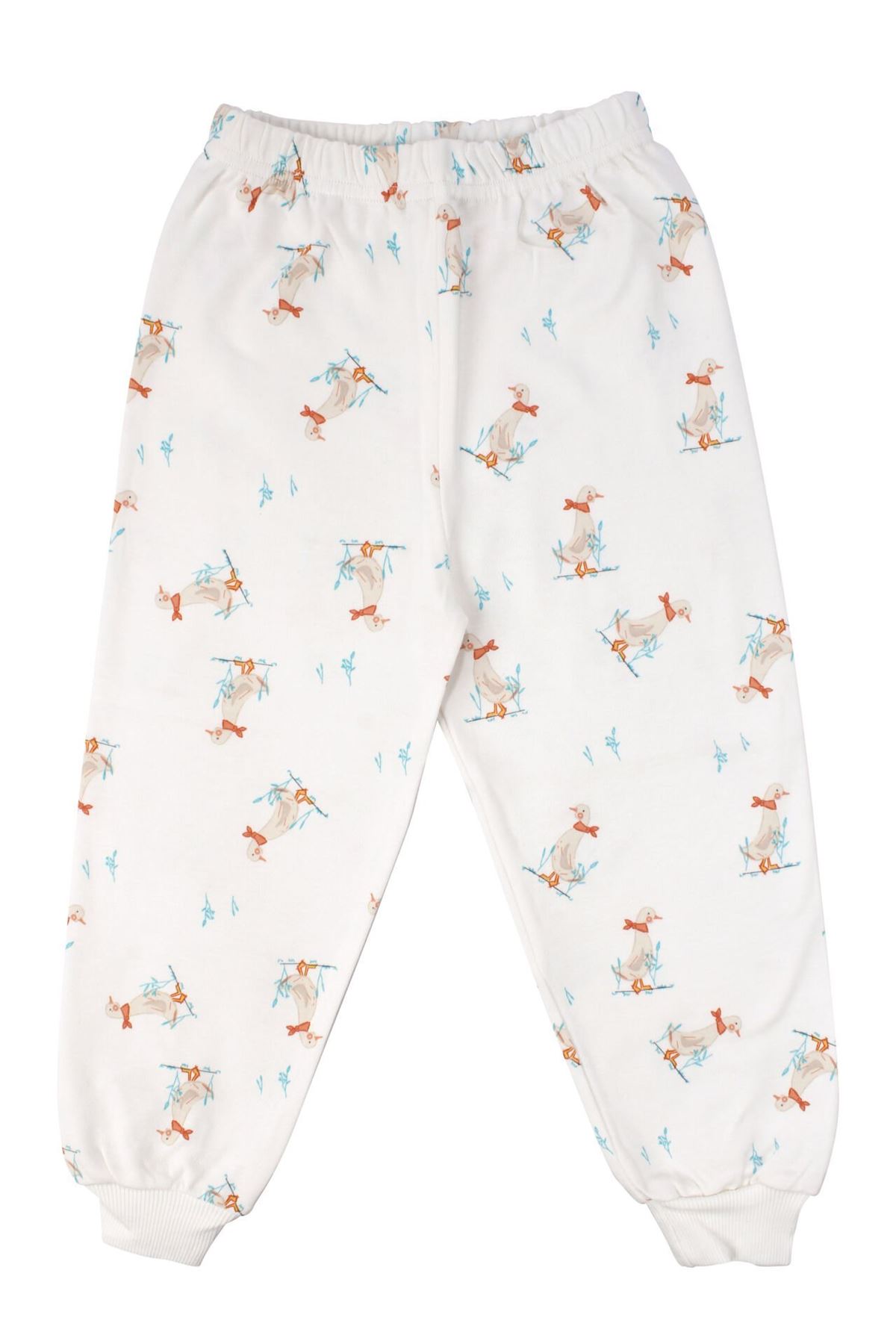 Unisex Ekru Ördek Desenli Çıtçıtlı Pijama Takımı