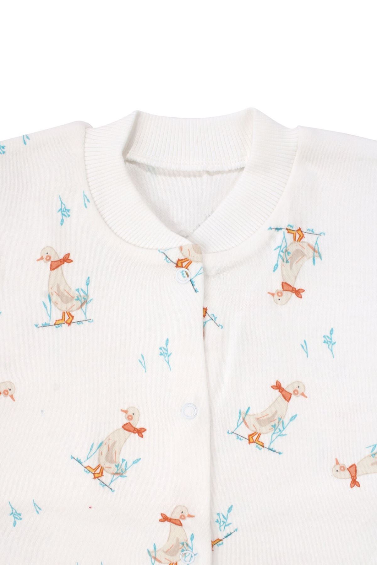 Unisex Ekru Ördek Desenli Çıtçıtlı Pijama Takımı