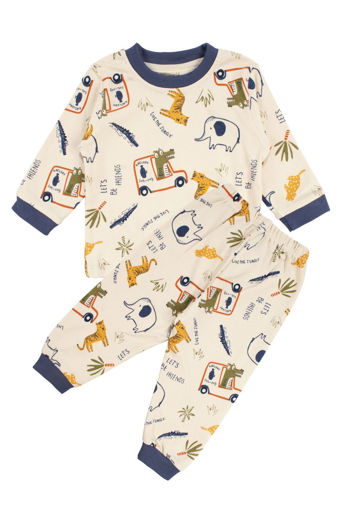 Erkek Bebek Bej Laci Biyeli Hayvanlı Desenli Pijama Takımı