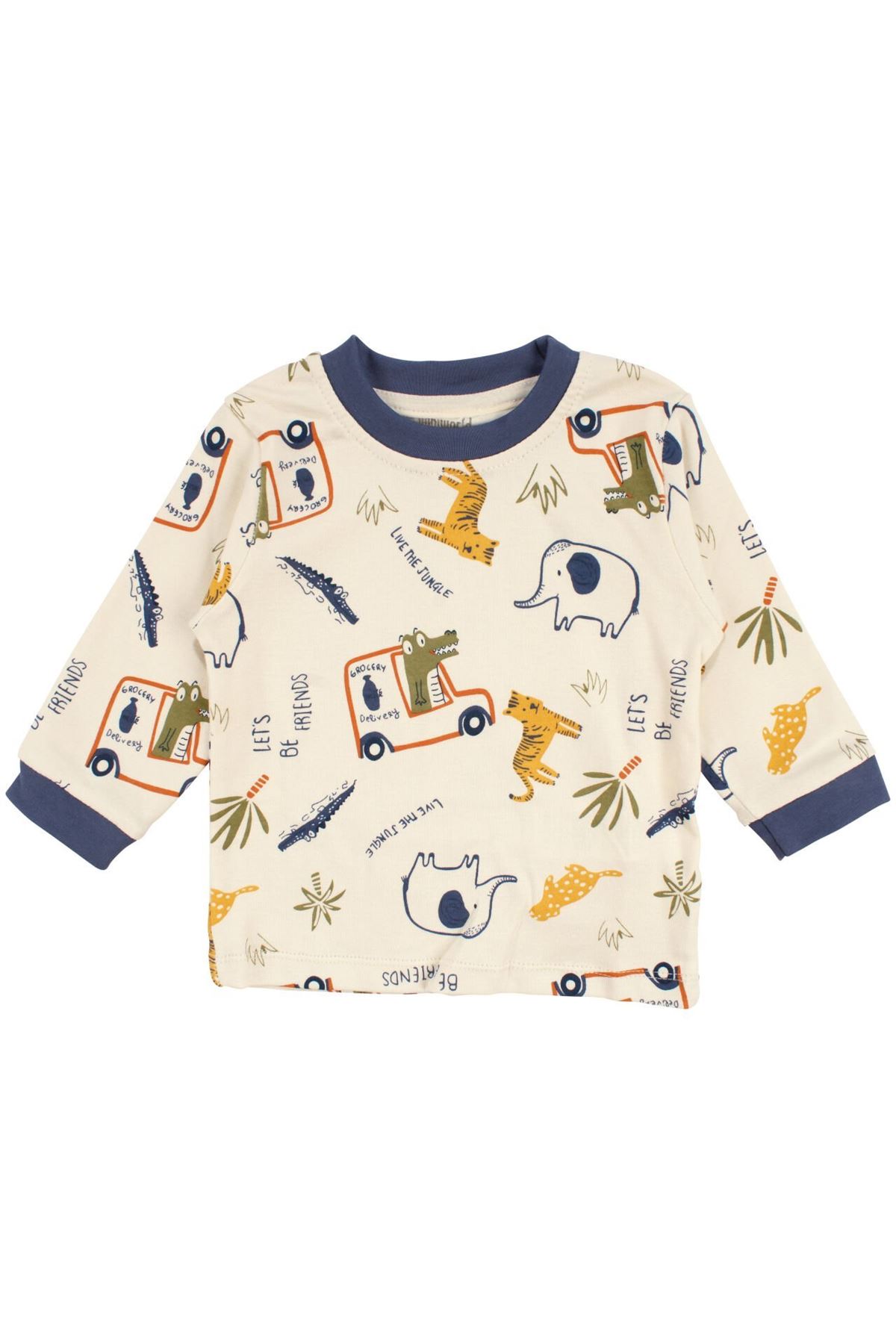 Erkek Bebek Bej Laci Biyeli Hayvanlı Desenli Pijama Takımı