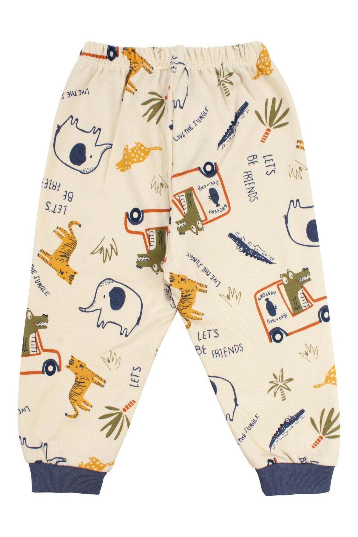 Erkek Bebek Bej Laci Biyeli Hayvanlı Desenli Pijama Takımı