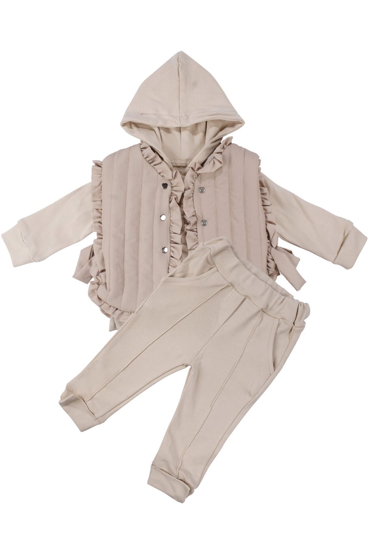 Kız Bebek Bej Kapitoneli Fırfırlı Yelekli Kapşonlu Badili Üçlü Lüks Takım