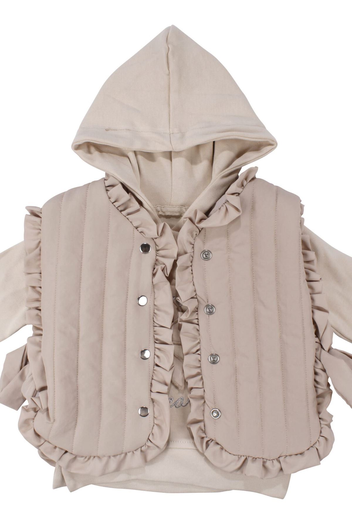 Kız Bebek Bej Kapitoneli Fırfırlı Yelekli Kapşonlu Badili Üçlü Lüks Takım
