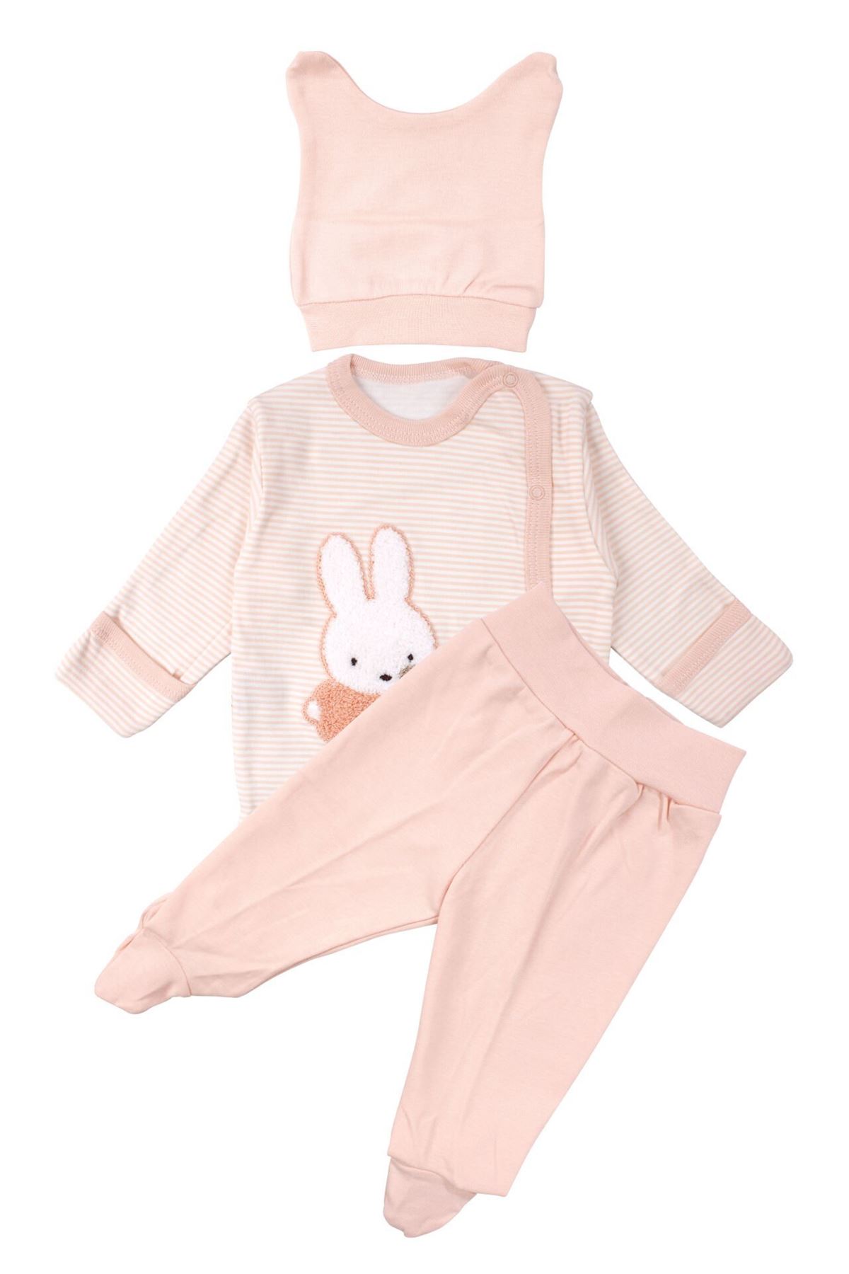 Kız Bebek Somon Çizgili Tavşan Nakışlı Pijama Takımı