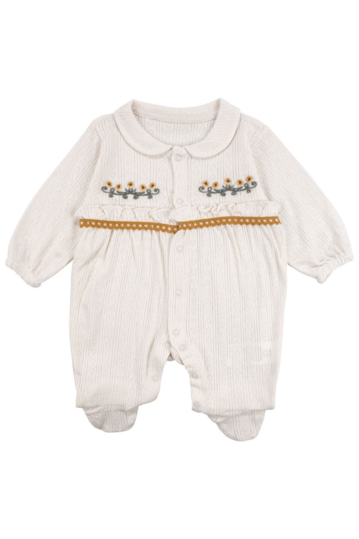 Kız Bebek Ekru Sarı Çiçek Nakışlı Patikli Yakalı Tulum