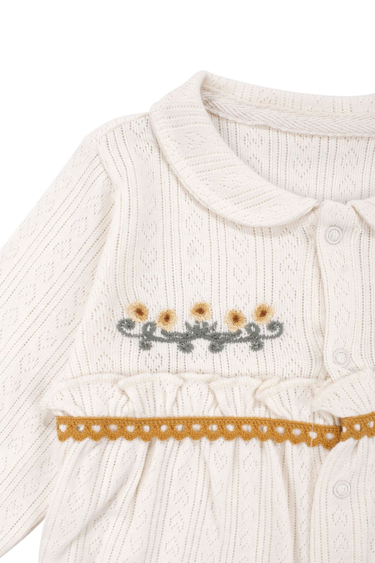 Kız Bebek Ekru Sarı Çiçek Nakışlı Patikli Yakalı Tulum