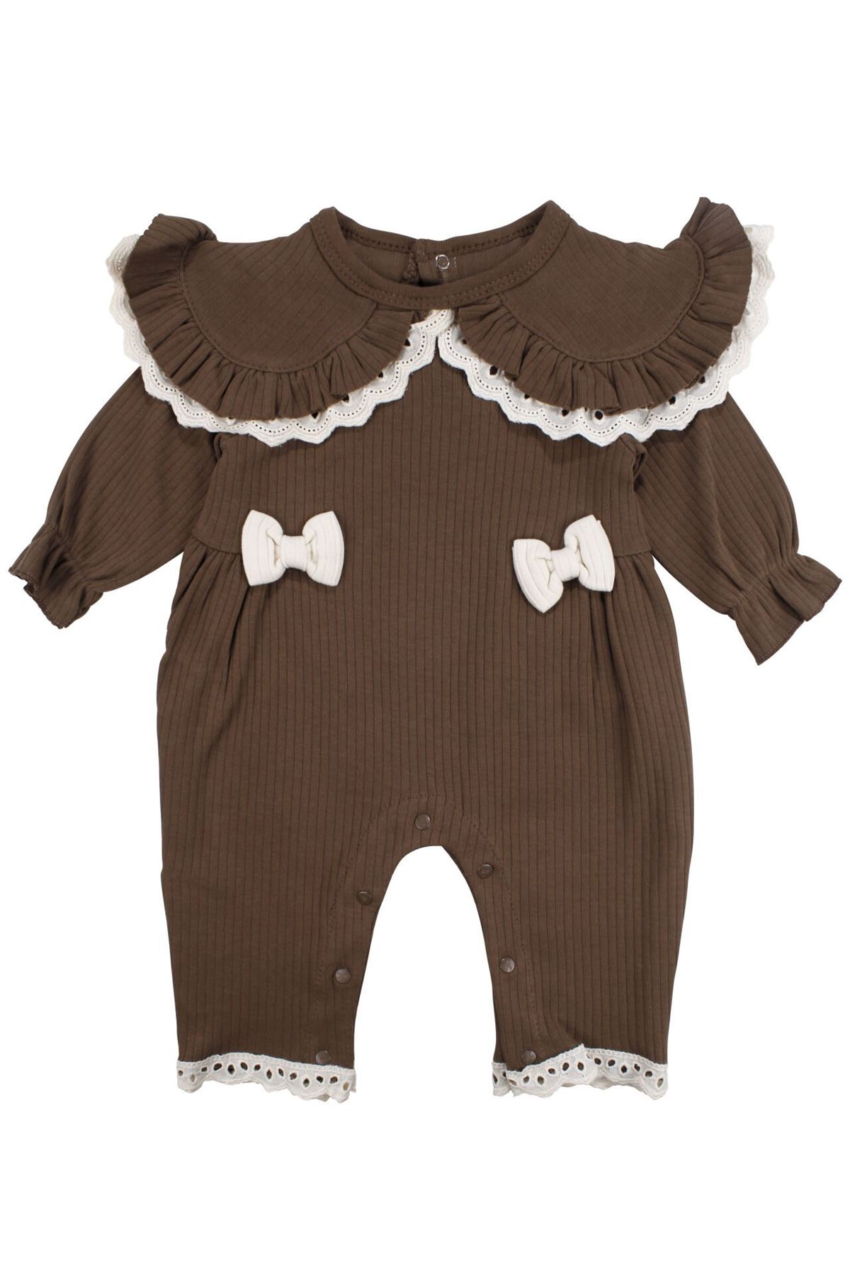 Kız Bebek Kahve Fisto Yakalı Fiyonklu Bandanalı Tulum